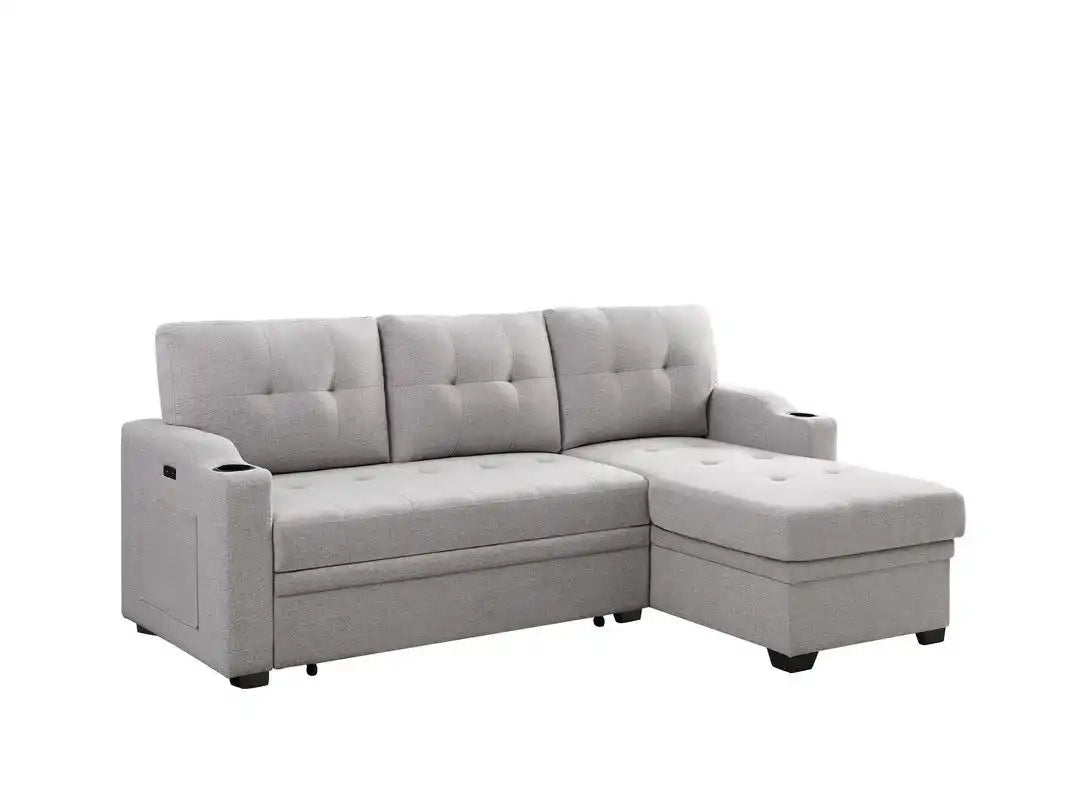 Mabel - Linen Fabric Sleeper Sectional With Cupholder, USB Charging Port And Pocket - Best Buy Furniture