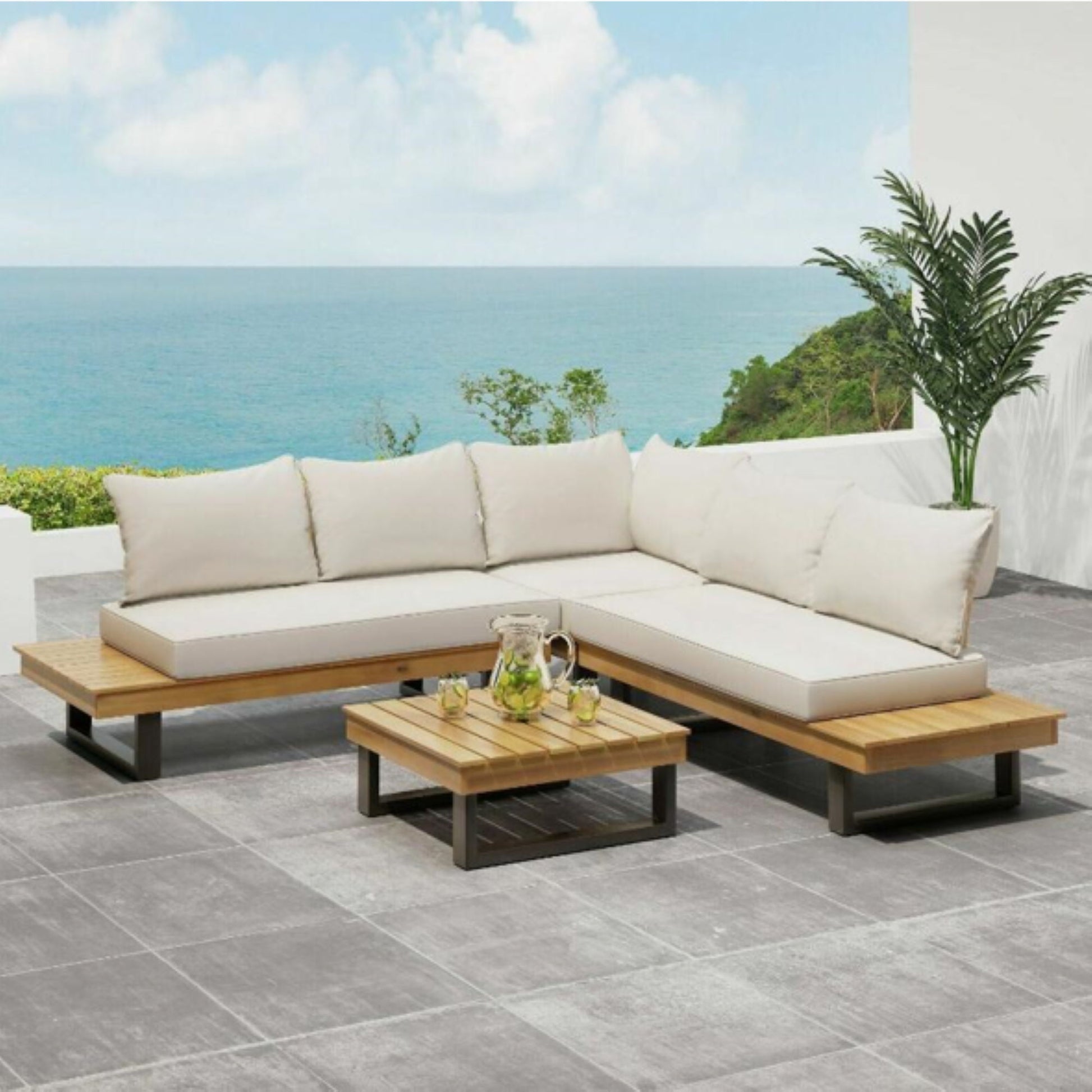 Sebastian - Hand Crafted 4 Piece Sofa Set With Water Resistant Cushions - Beige / Teak - Best Buy Furniture