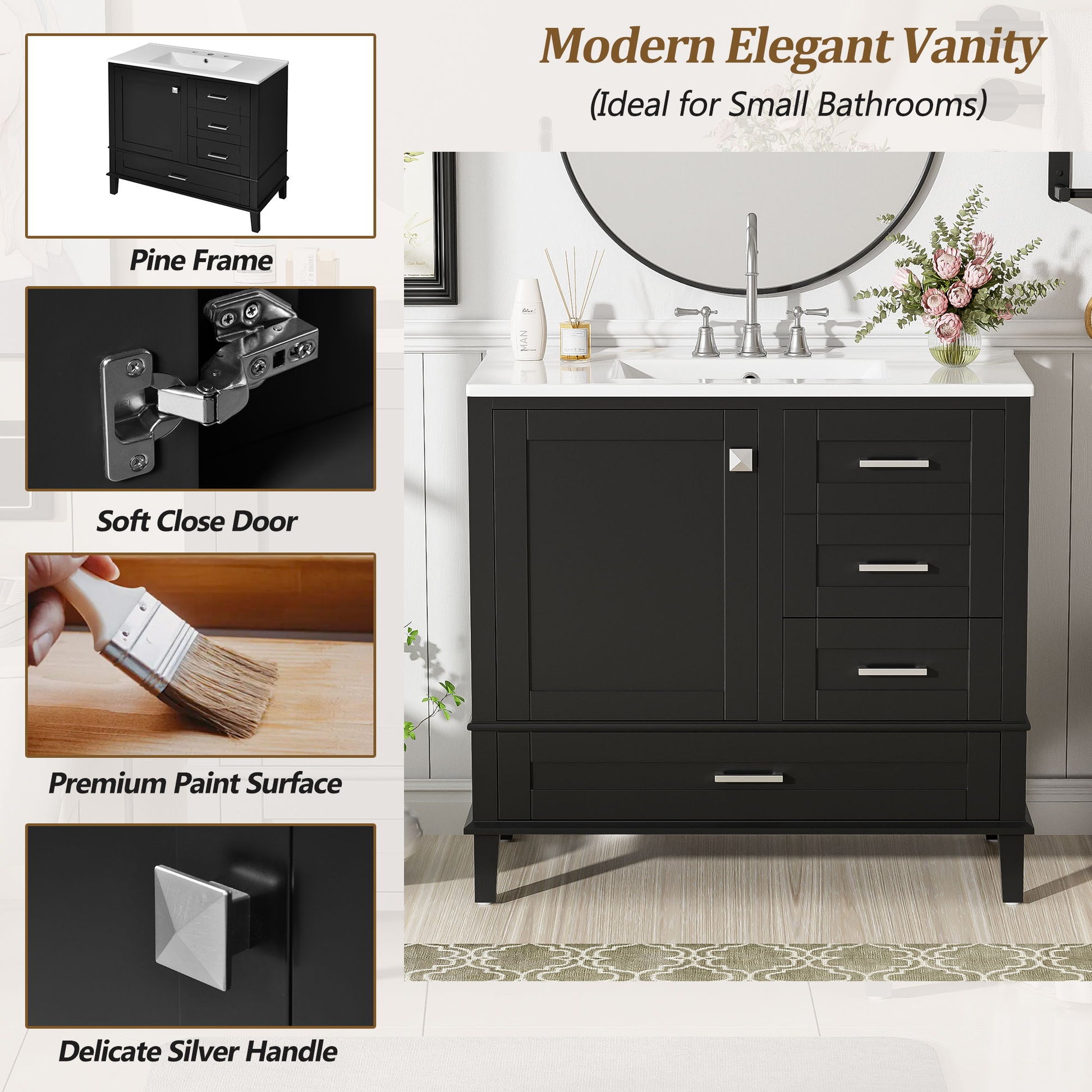 Bathroom Vanity, Modern Bathroom Cabinet With Sink Combo Set, Bathroom Storage Cabinet With A Soft Closing Door And 3 Drawers, Solid Wood Frame - Best Buy Furniture