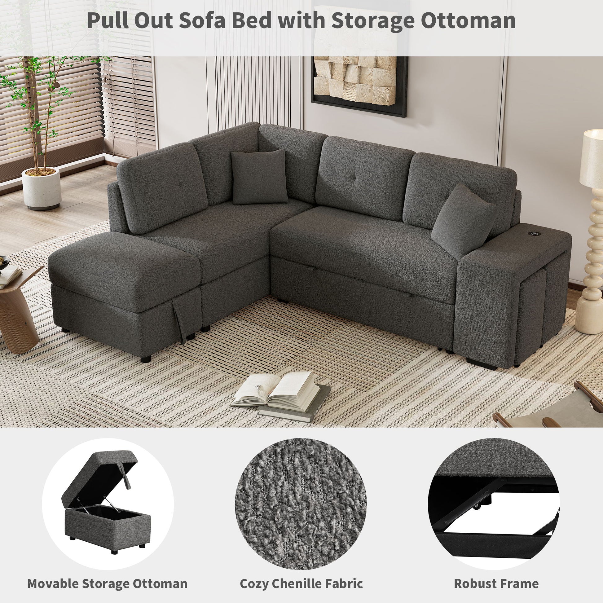 Convertible Sleeper, Sectional Pull Out Sofa Bed With Storage Ottoman, 2 Throw Pillows, 2 Stools, Wireless Charger And Two Hidden USB Ports For Living Room - Best Buy Furniture