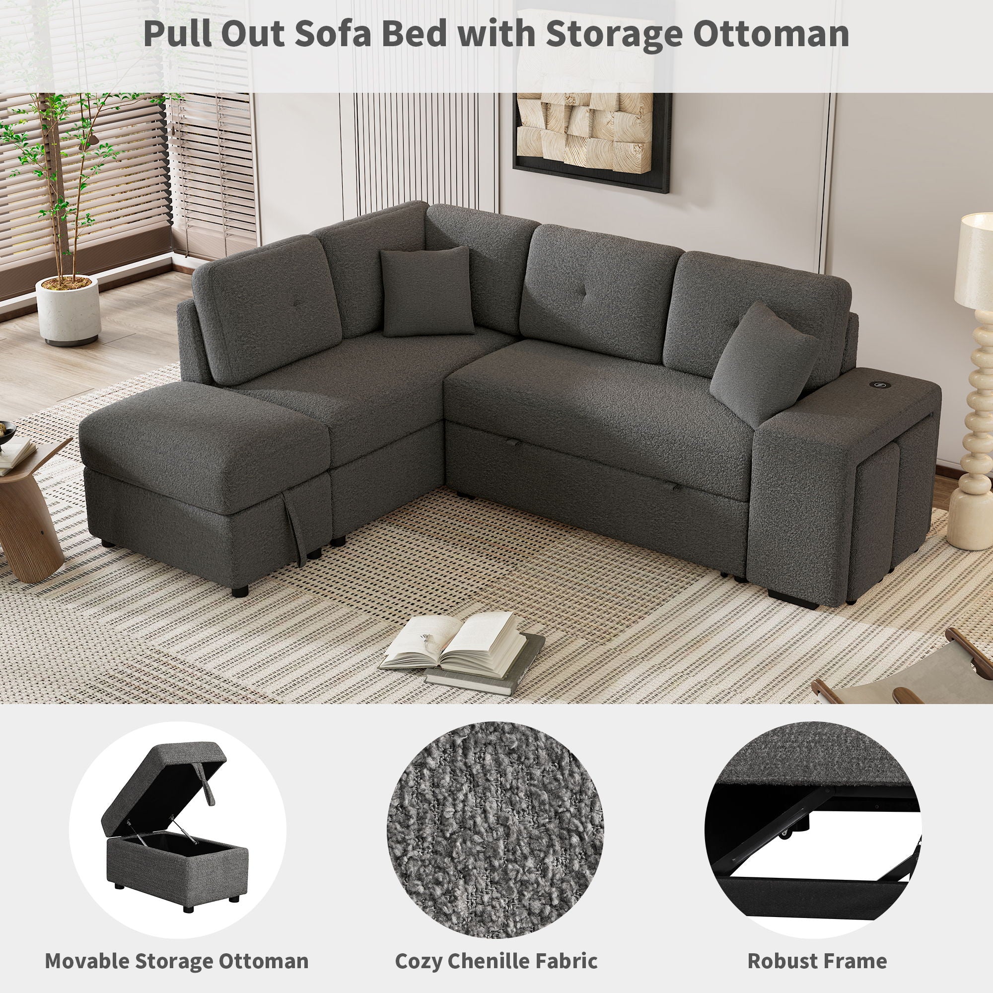 Convertible Sleeper, Sectional Pull Out Sofa Bed With Storage Ottoman, 2 Throw Pillows, 2 Stools, Wireless Charger And Two Hidden USB Ports For Living Room - Best Buy Furniture