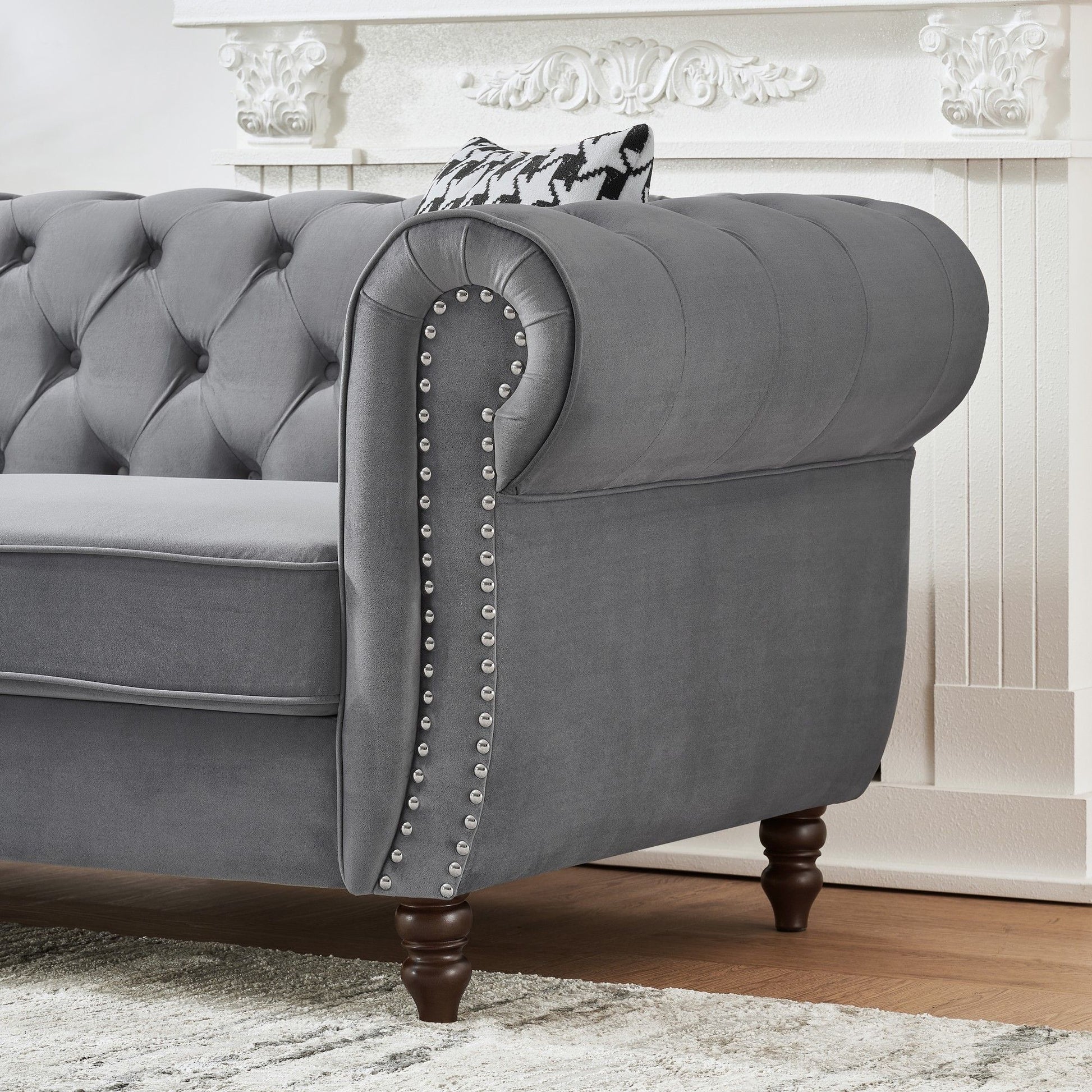 Chesterfield Velvet Upholstery Fabric Sofa With Roll Armrest & Nailhead, Mid Century Modern 3 And 3 Seater Couch - Best Buy Furniture