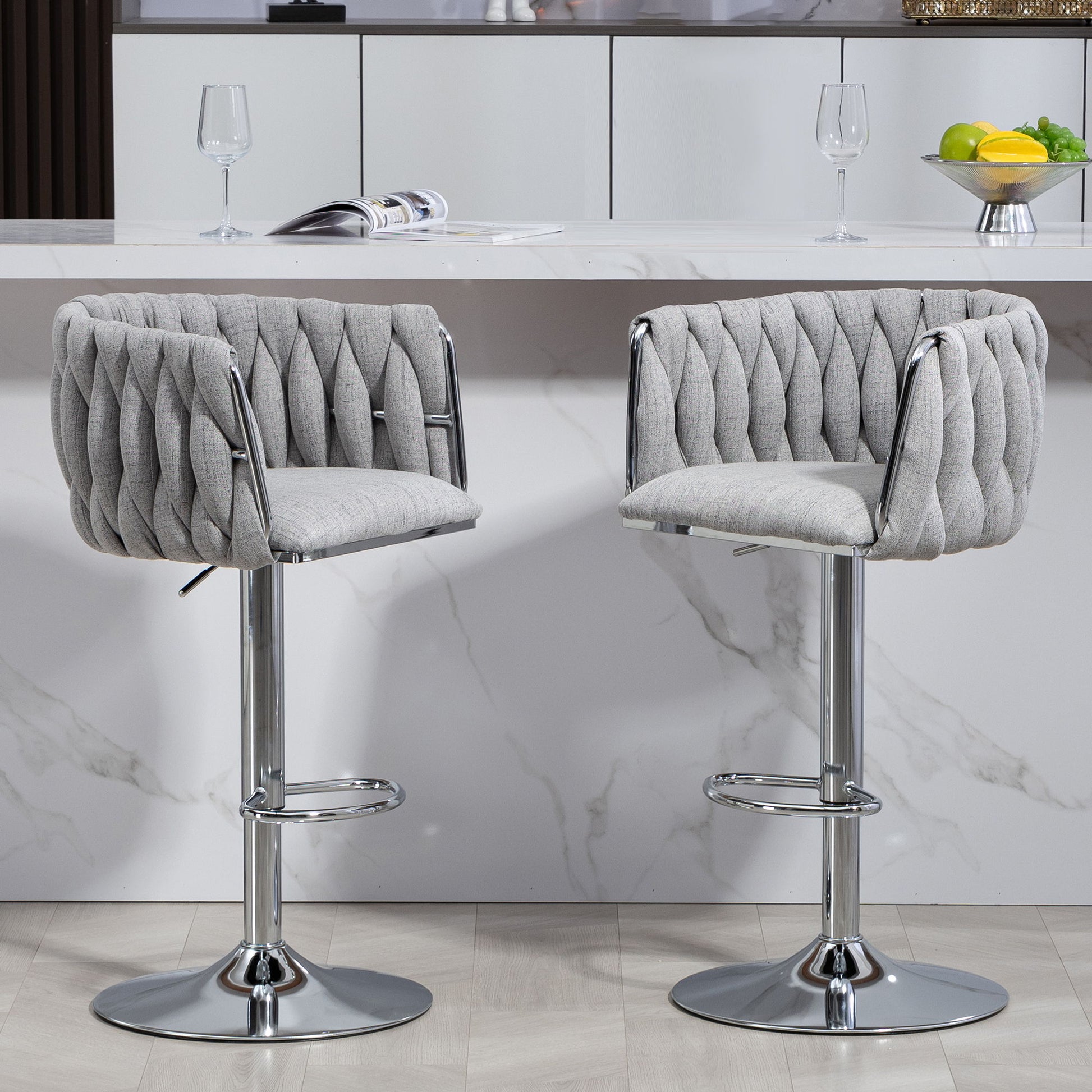 360 Degree Swivel Bar Stools Adjustable Counter Height Bar Chairs With Woven Back & Footrest, Silver Chromed Bar Stools For Kitchen Island (Set of 2) - Gray - Best Buy Furniture