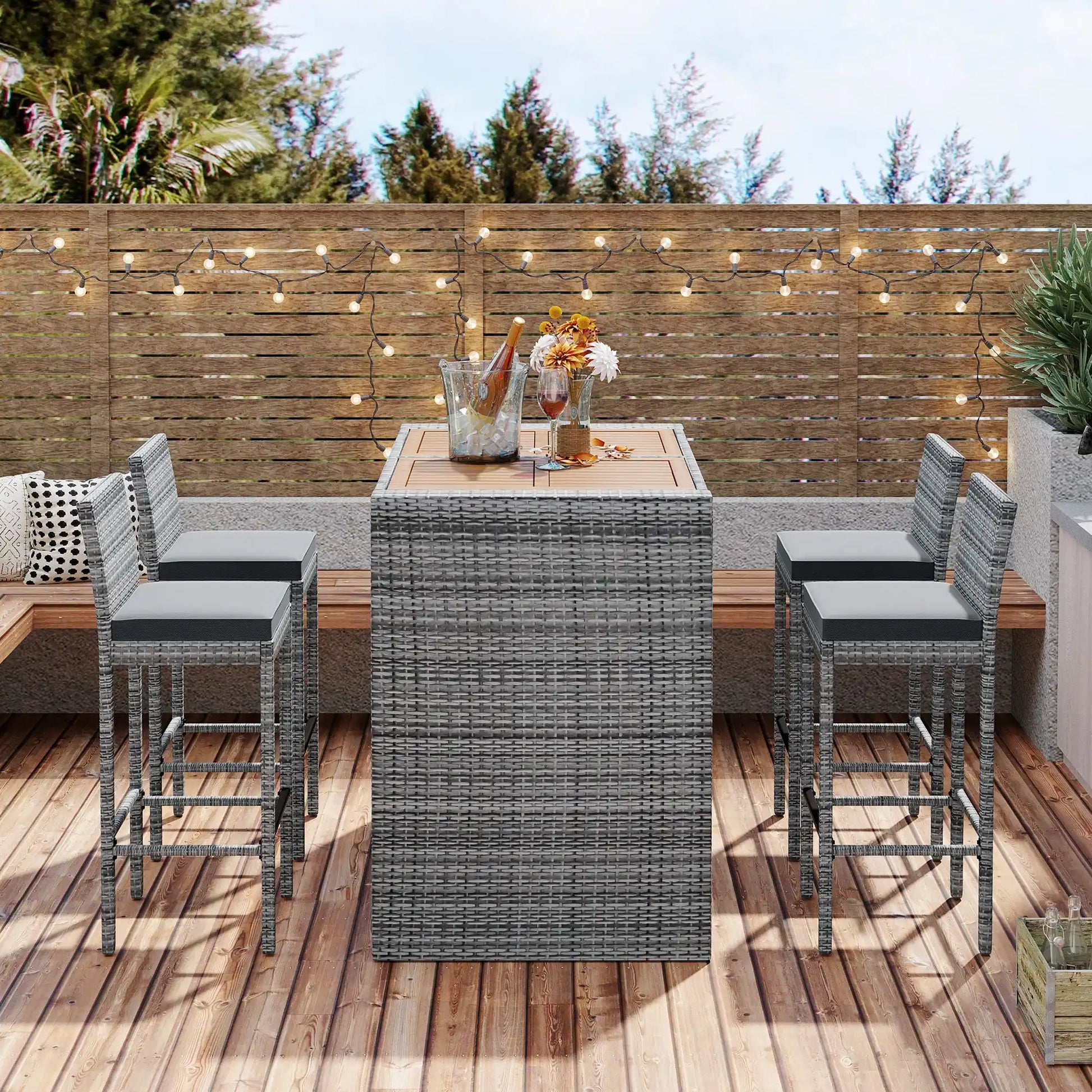 5 Piece Outdoor Wicker Bar Set with Acacia Wood Table, Brown & Gray - Best Buy Furniture