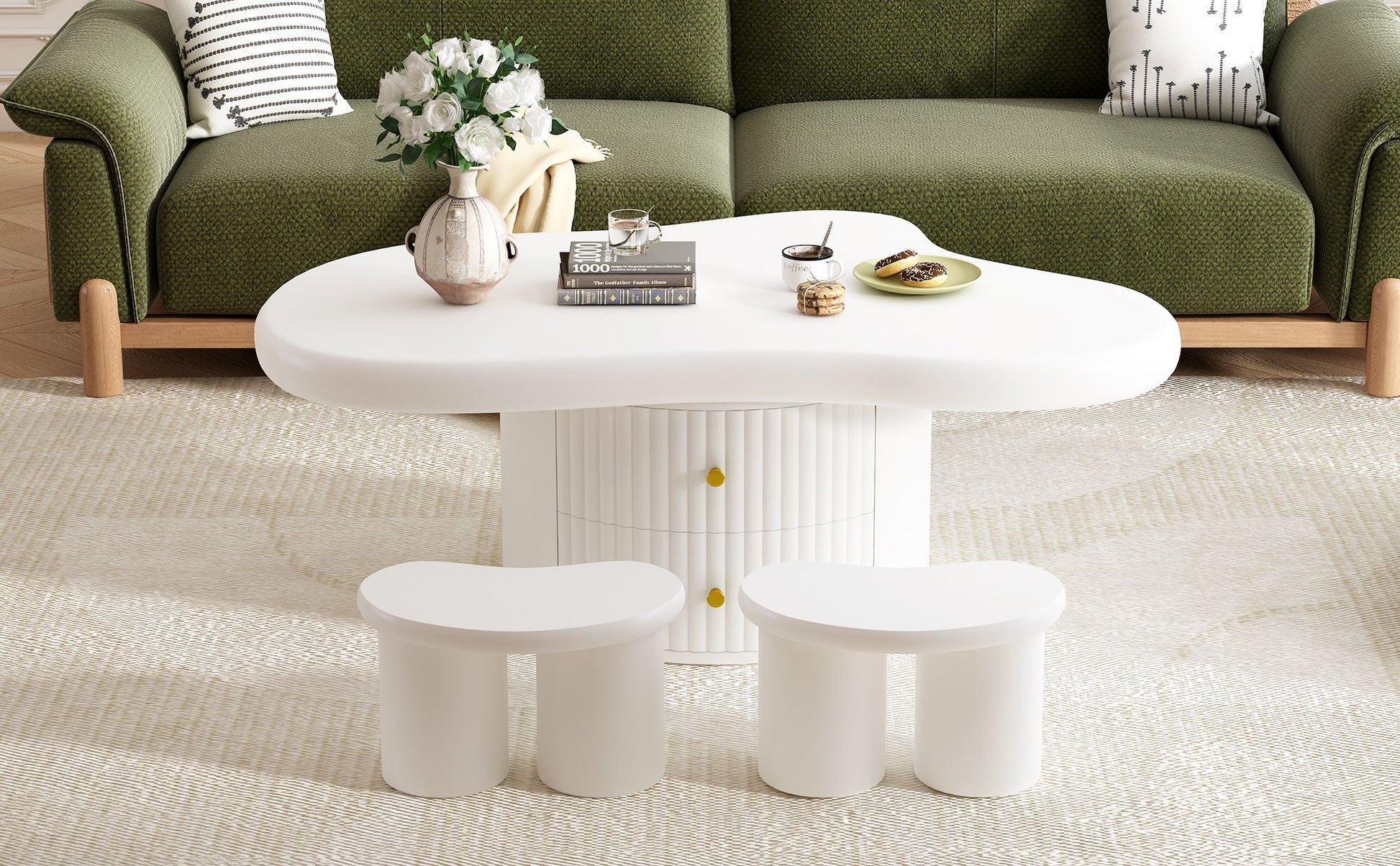 Cloud - Coffee Table (Set of 3), Irregular Shape Coffee Table With 2 Drawers, 2 Small Stools For Living Room - White - Best Buy Furniture