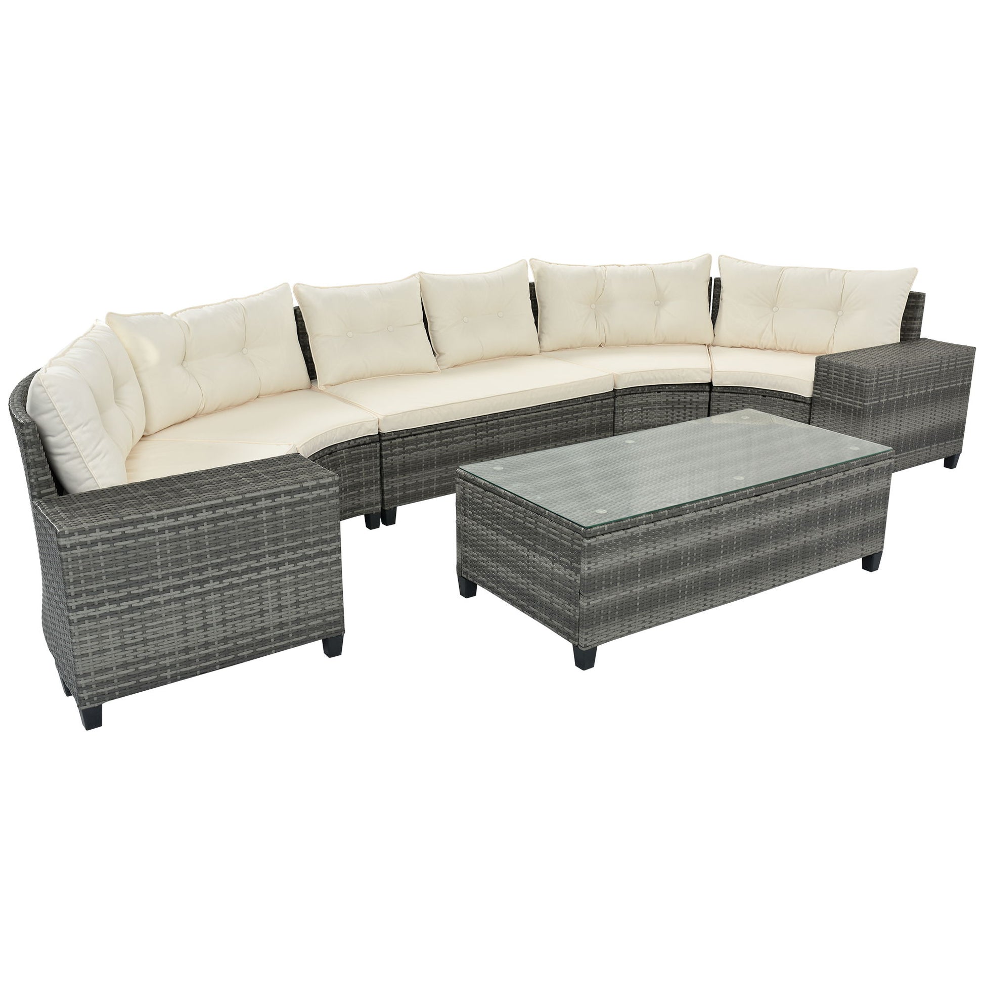 8 Pieces Outdoor Wicker Round Sofa Set, Half-Moon Sectional Sets All Weather, Curved Sofa Set With Rectangular Coffee Table, PE Rattan Water-Resistant And UV Protected, Movable Cushion - Best Buy Furniture