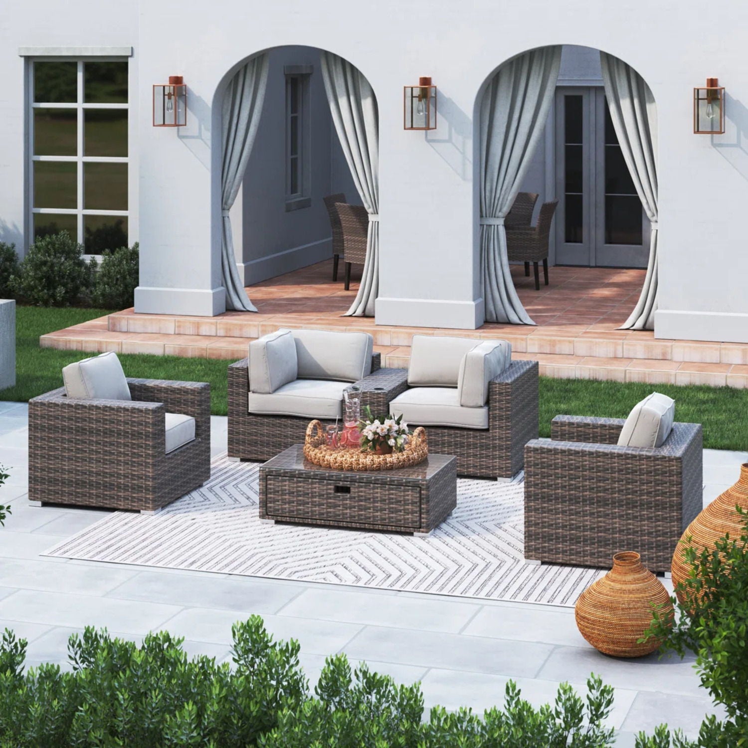 Wicker Seating Group Set With Table And Cushions - Best Buy Furniture