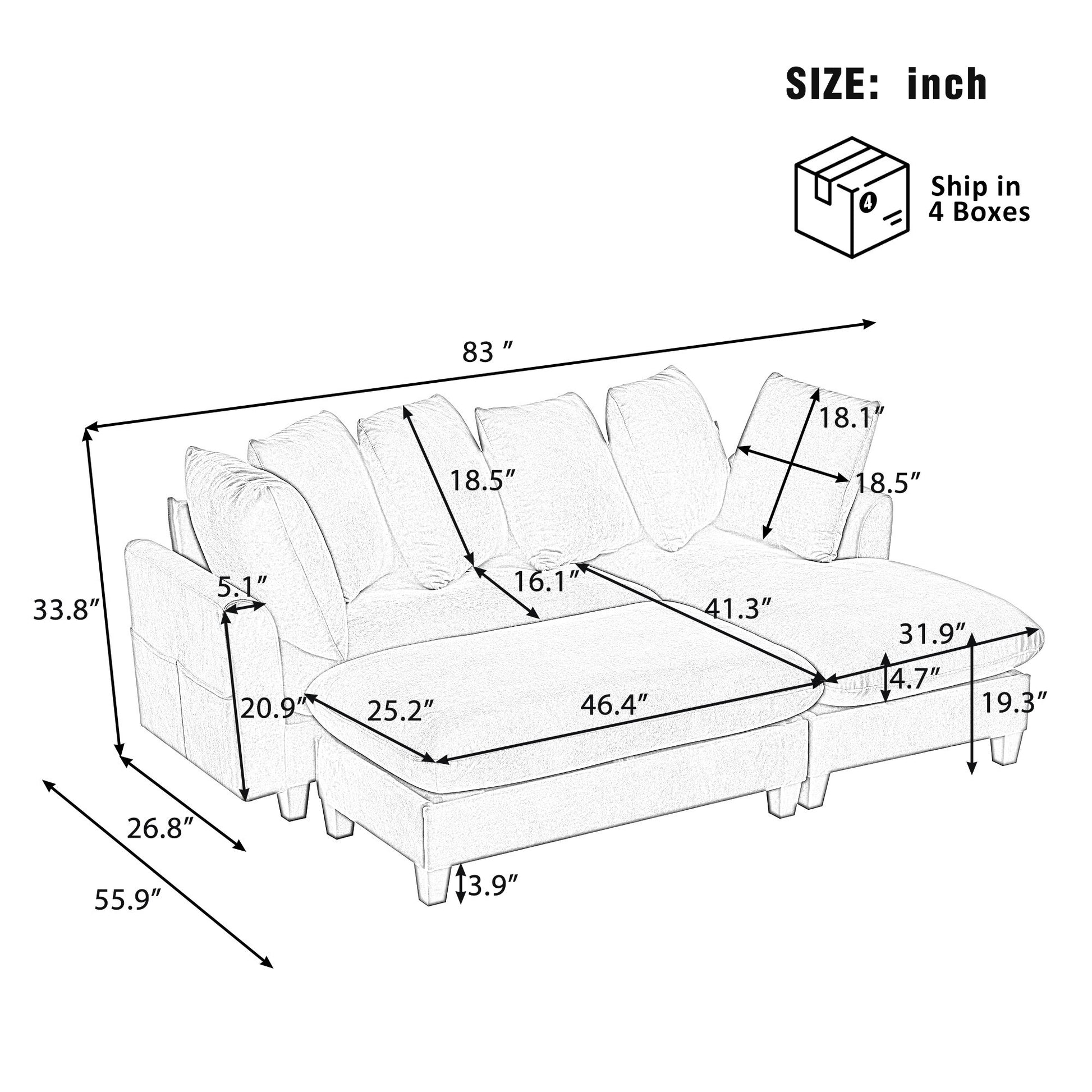 Upholstered L Shaped Sectional Sofa With Storage, Movable Ottoman, And 6 Throw Pillows - Best Buy Furniture