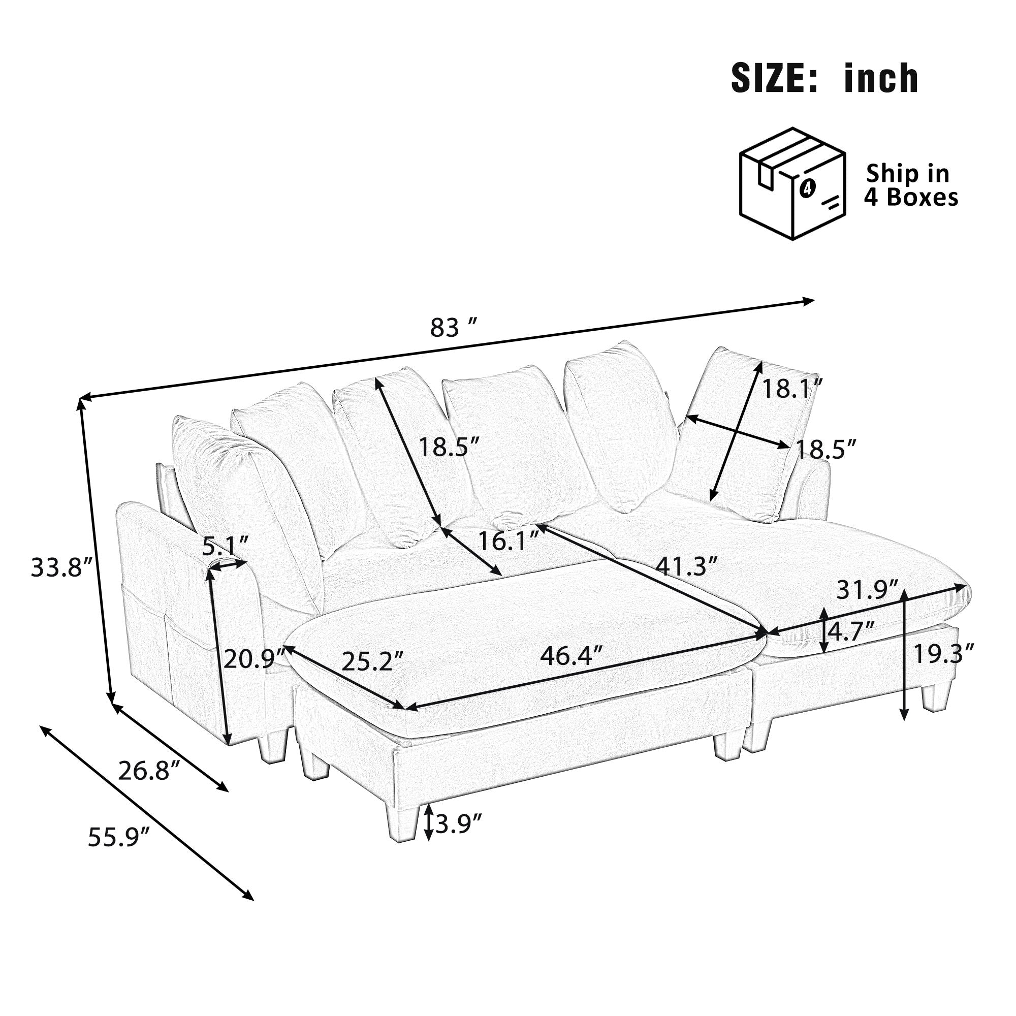 Upholstered L Shaped Sectional Sofa With Storage, Movable Ottoman, And 6 Throw Pillows - Best Buy Furniture