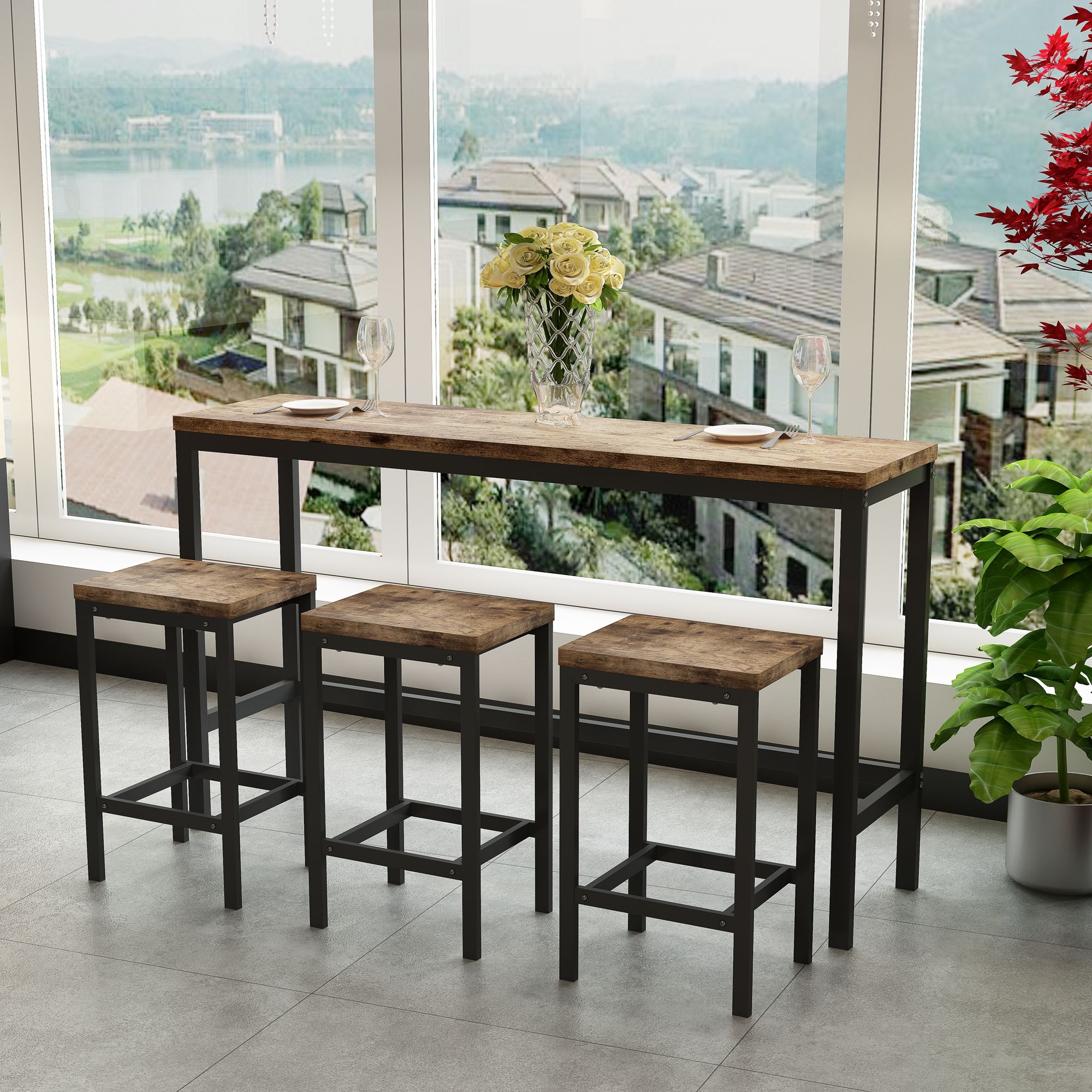 Modern Design Long Dining Table Set With 3 Stools - Best Buy Furniture
