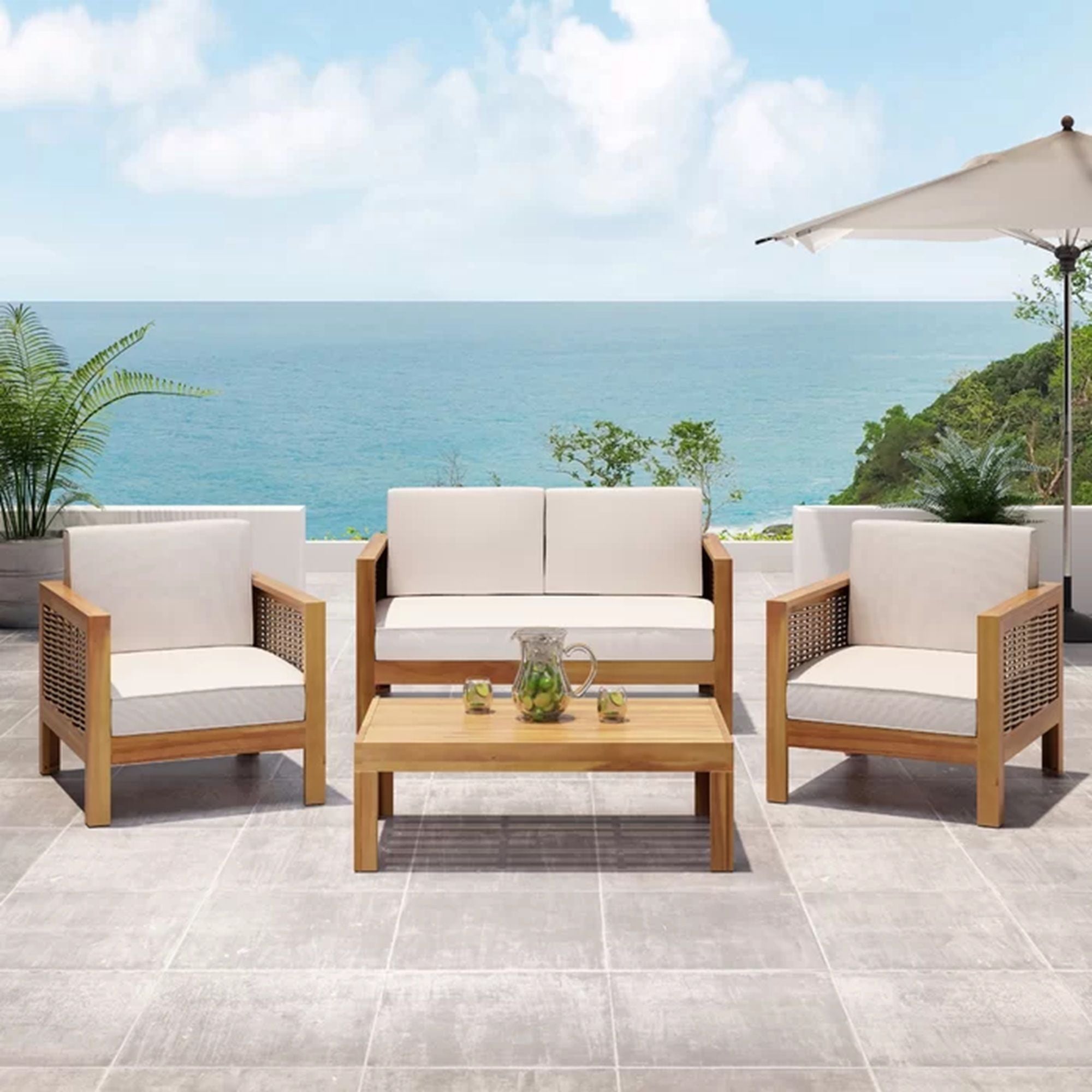 Outdoor 4 Seater Acacia Wood Chat Set With Wicker Accents And Cushions - Teak / Mixed Brown / Beige - Best Buy Furniture