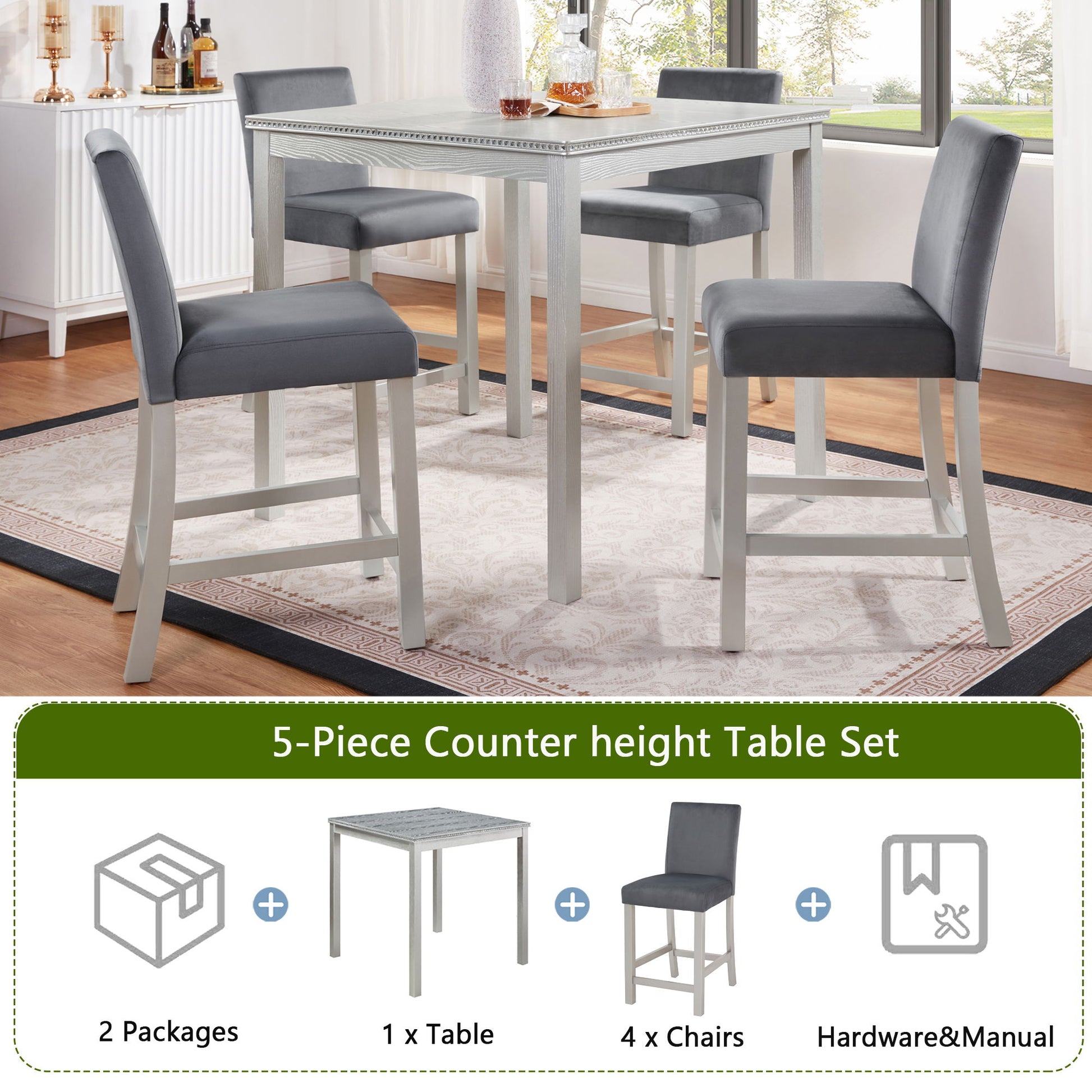 5 Pieces Counter Height Table Set, Kitchen Table With Square Table And 4 Upholstered Chairs - Best Buy Furniture