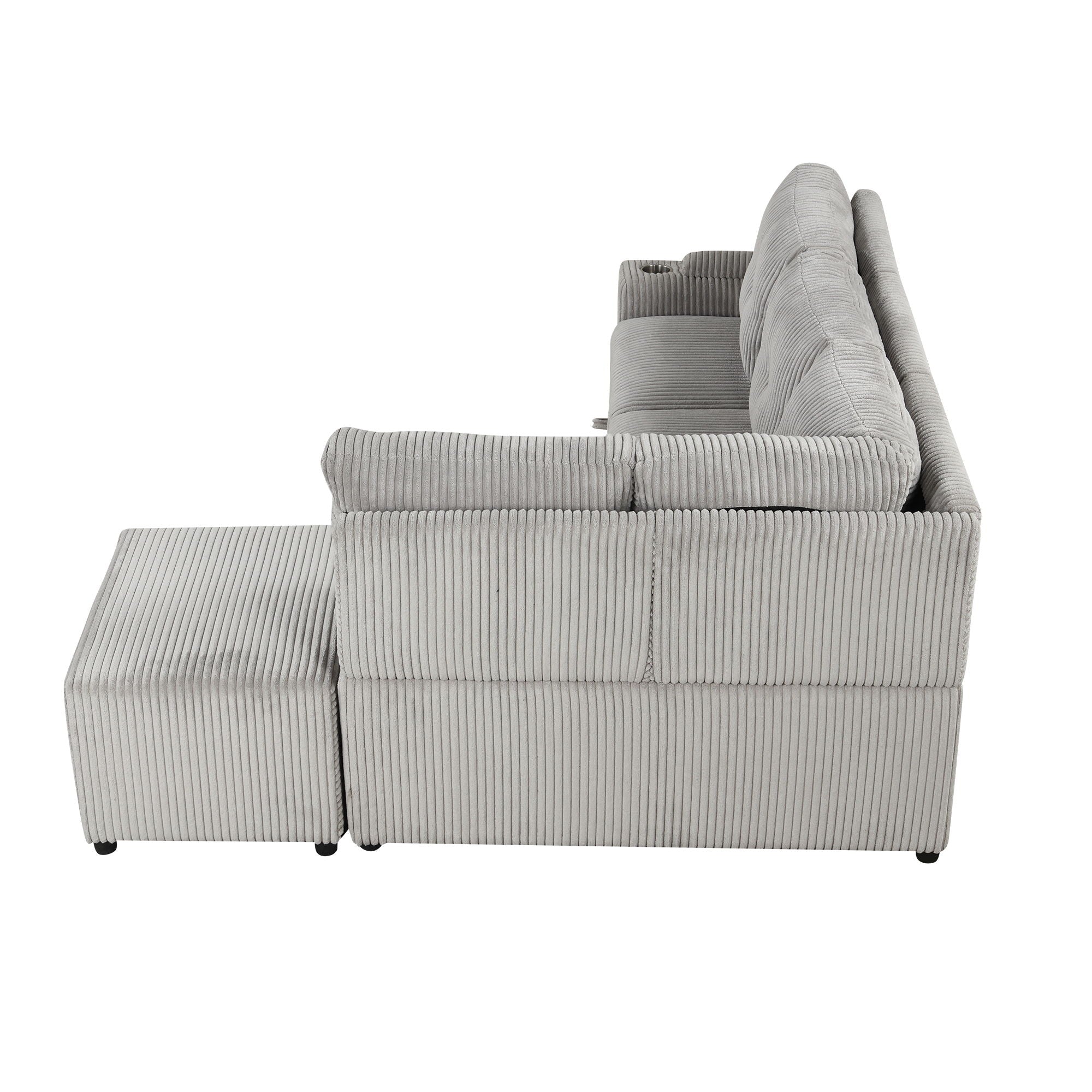 Pull-Out L-Shaped Sectional Sofa With Movable Ottoman And Stool, Large Storage Space, A Cup Holder, And 2 USB Ports For Living Room - Best Buy Furniture