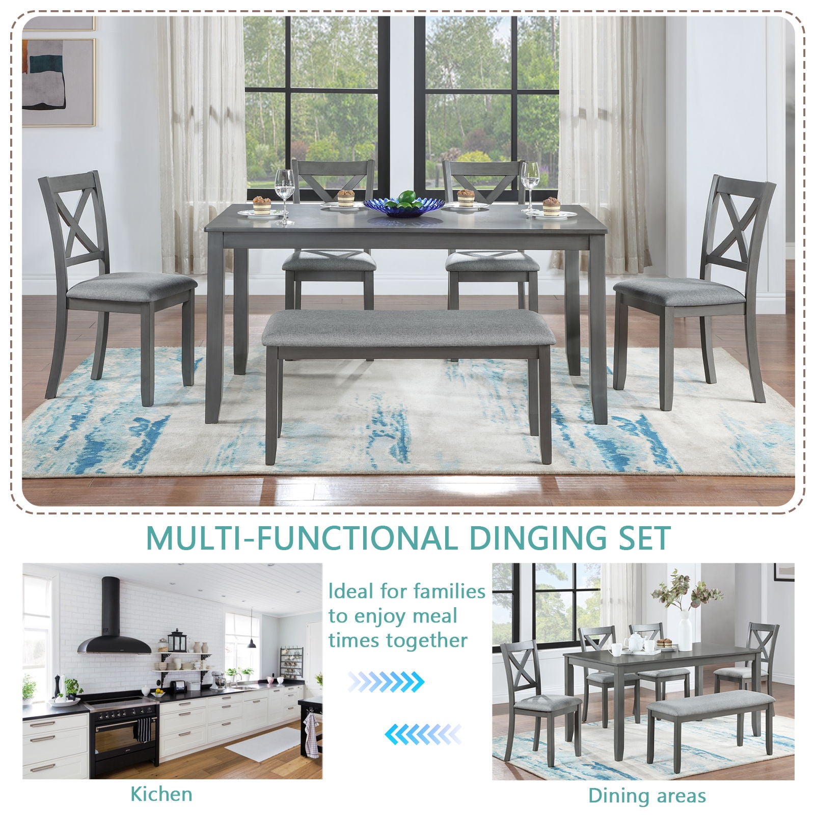 6 Pieces Kitchen Dining Set, Rectangular Wooden Dining Table With 4 Chairs And A Bench - Best Buy Furniture