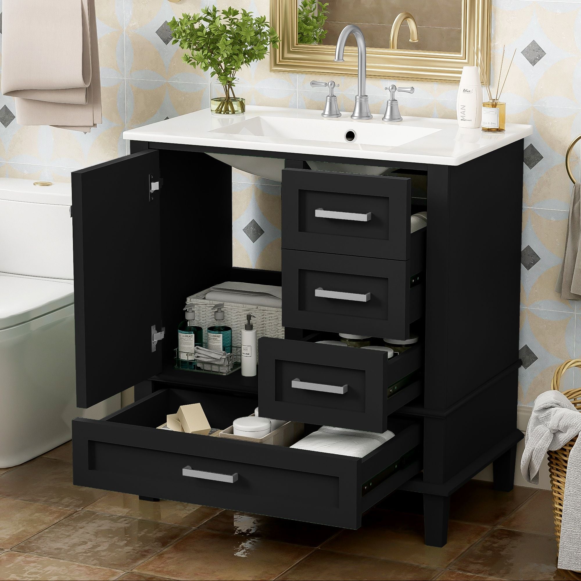 Bathroom Vanity, Modern Bathroom Cabinet With Sink Combo Set, Bathroom Storage Cabinet With A Soft Closing Door And 3 Drawers, Solid Wood Frame - Best Buy Furniture