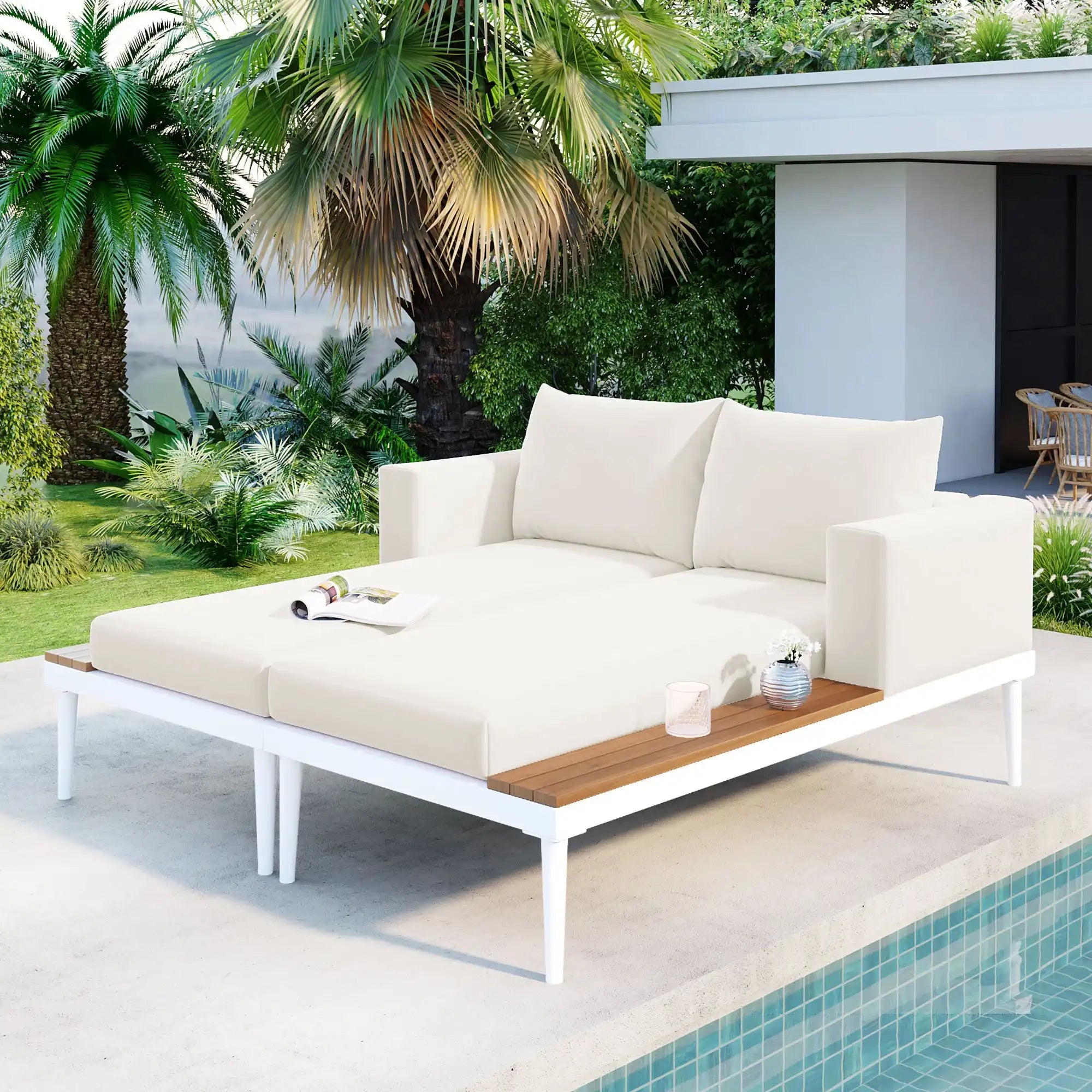 Modern Outdoor Daybed with Faux Marble Top, Beige - Best Buy Furniture