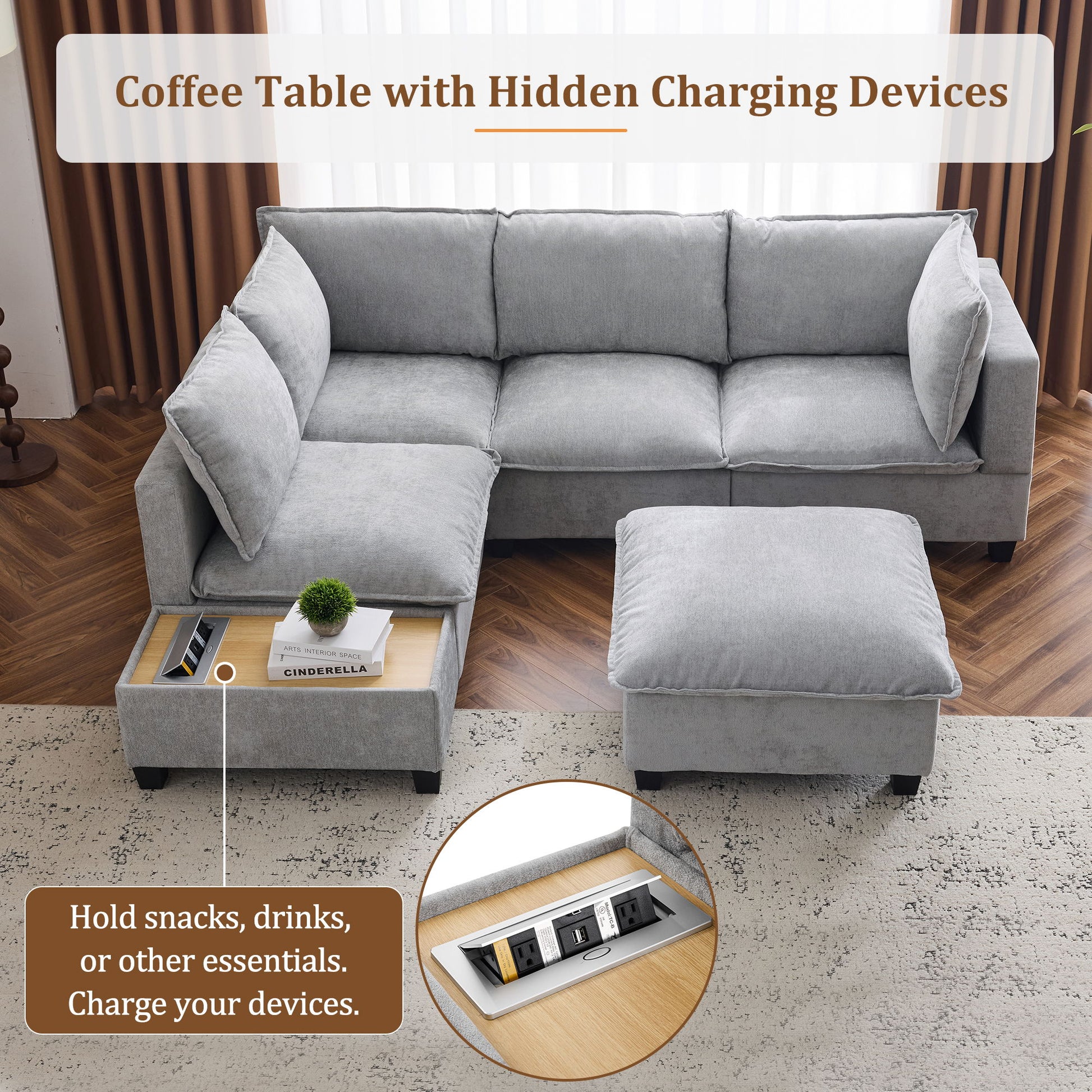 U-Shaped Sectional Modular Sofa With A Movable Ottoman, A Coffee Table With Hidden Charging Devices For Living Room - Best Buy Furniture