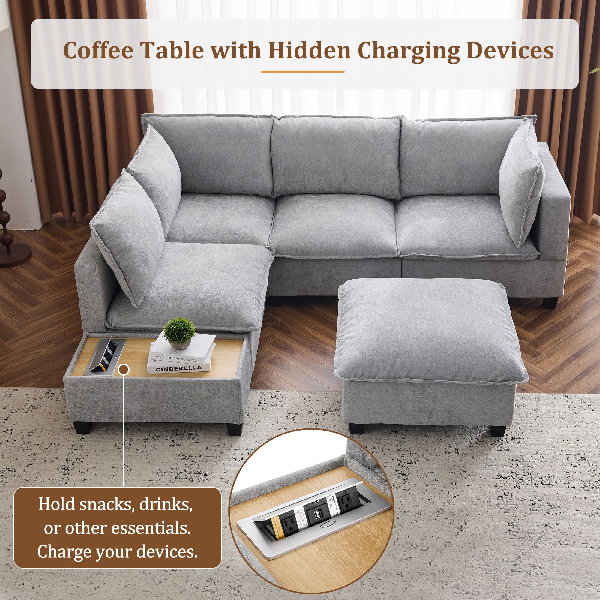 U-Shaped Sectional Modular Sofa With A Movable Ottoman, A Coffee Table With Hidden Charging Devices For Living Room - Best Buy Furniture