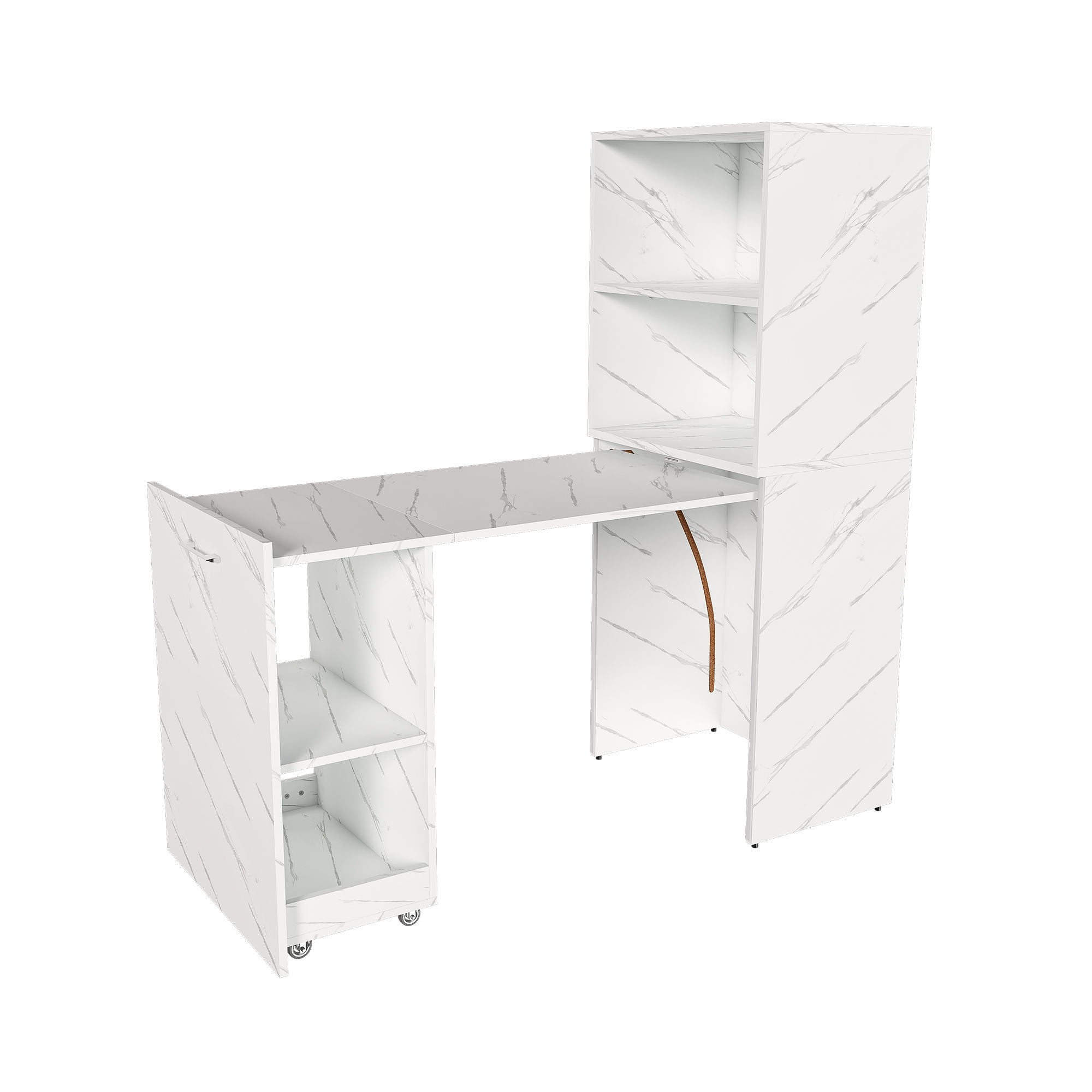 Stretchable Office Desk With Storage Shelves And Mobile Wheels, Foldable Design For Small Apartments - White Marble - Best Buy Furniture