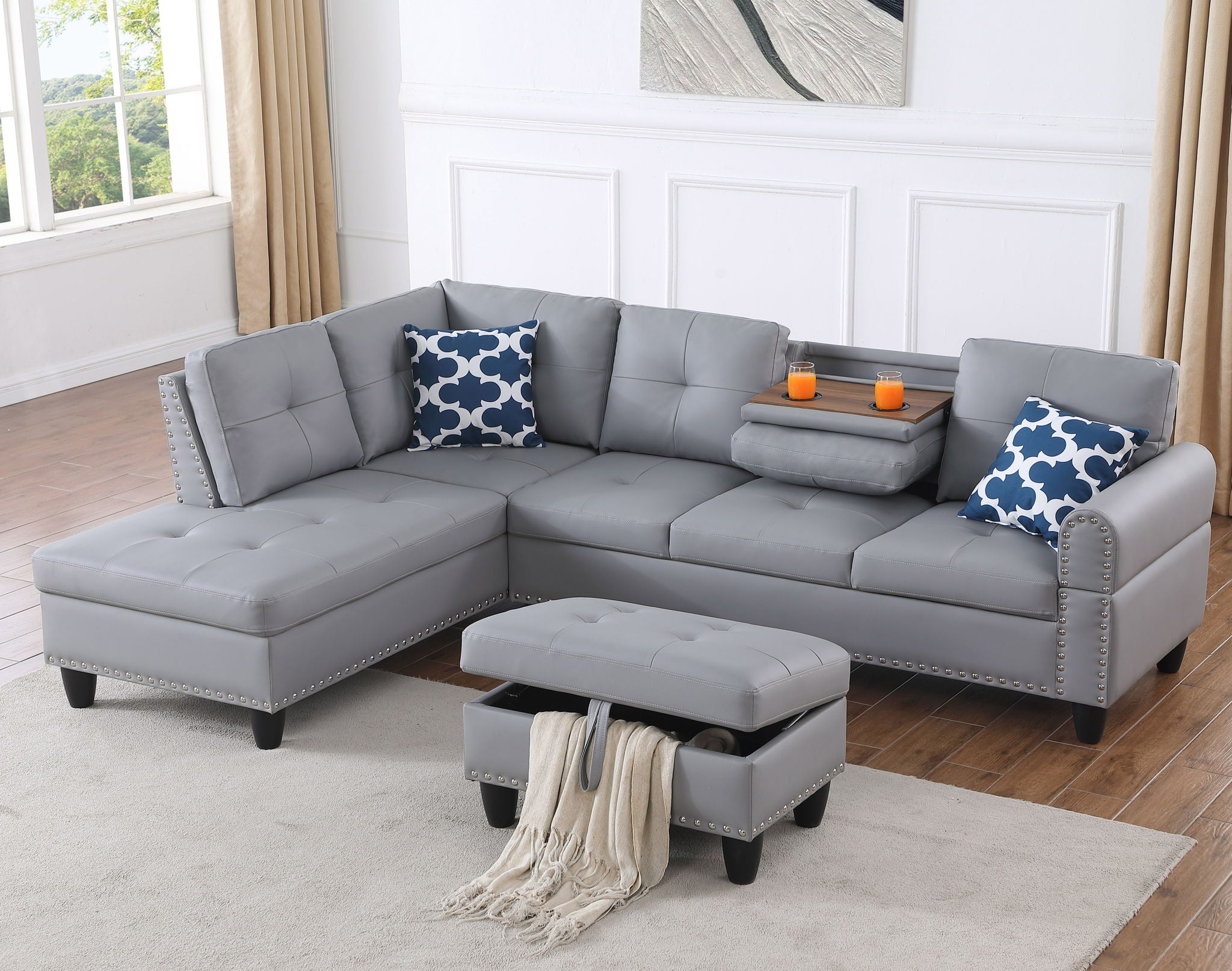 Irine - Faux Leather Sectional Sofa With Ottoman - Gray - Best Buy Furniture