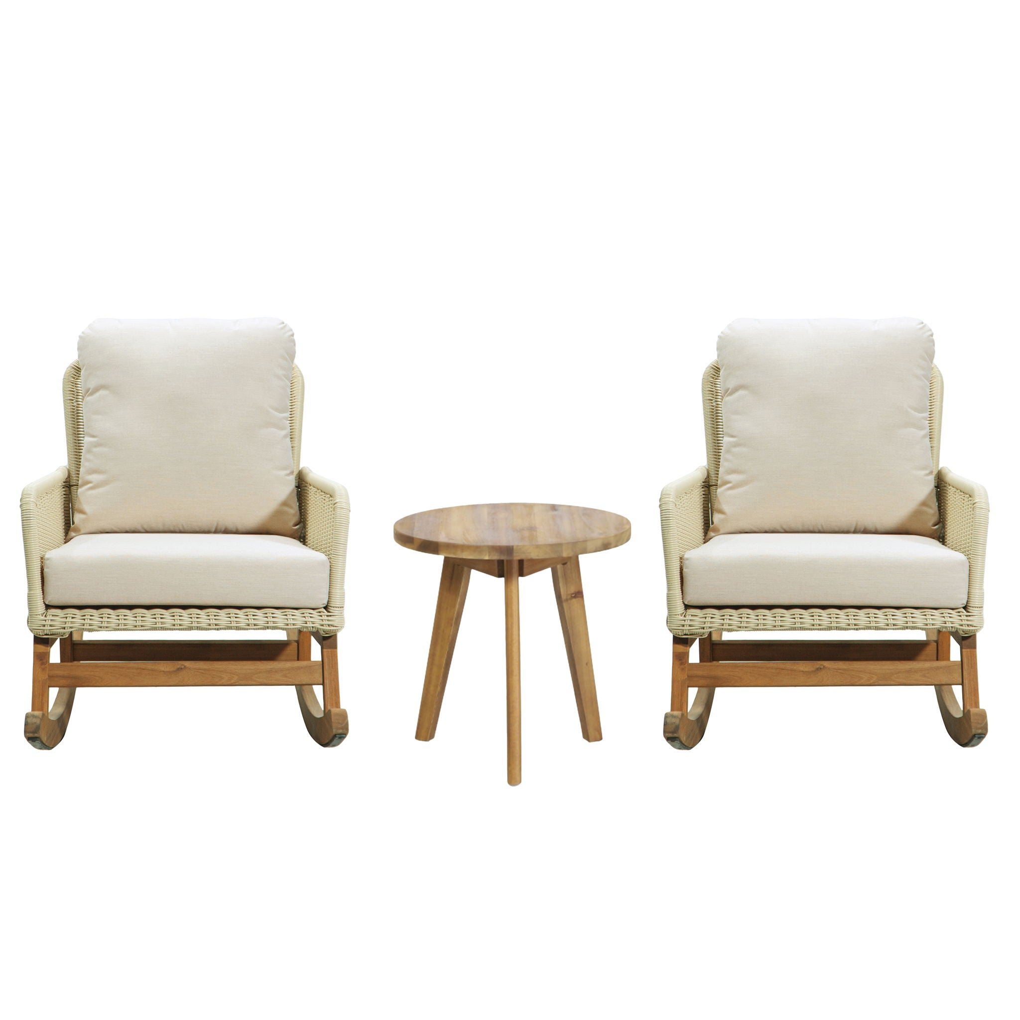 Cushioned Rattan Rocking Chairs With Wooden Accent Table Modern 3 Piece Outdoor Seating Set For Patio Relaxation - Ivory - Best Buy Furniture