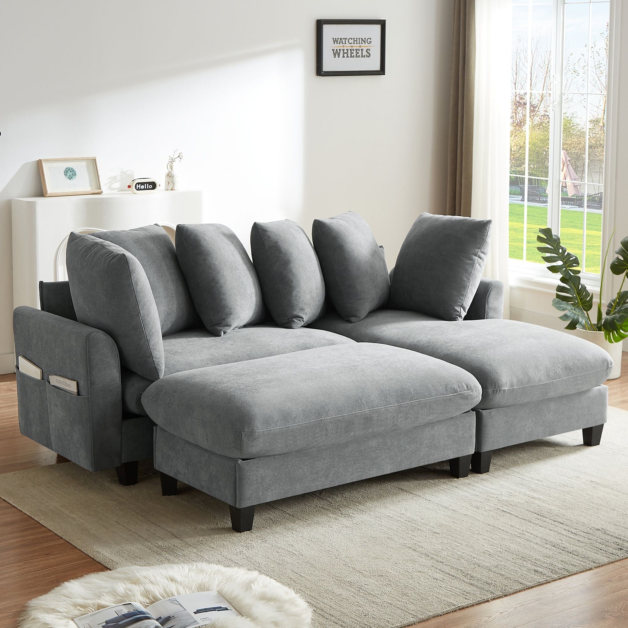 Upholstered L Shaped Sectional Sofa With Storage, Movable Ottoman, And 6 Throw Pillows - Best Buy Furniture