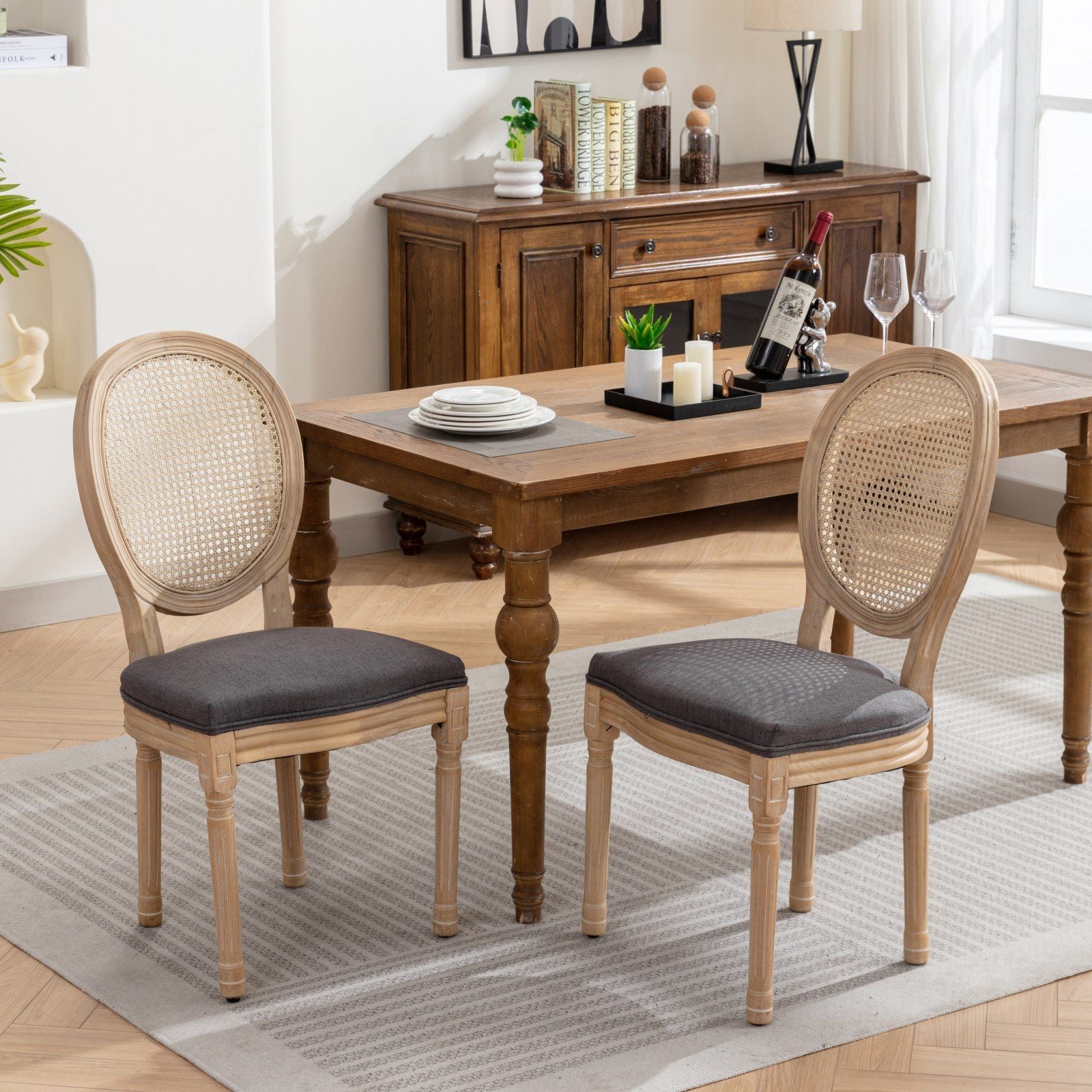 French Style Solid Wood Frame Antique Painting Linen Fabric Rattan Back Dining Chair (Set of 2) - Best Buy Furniture
