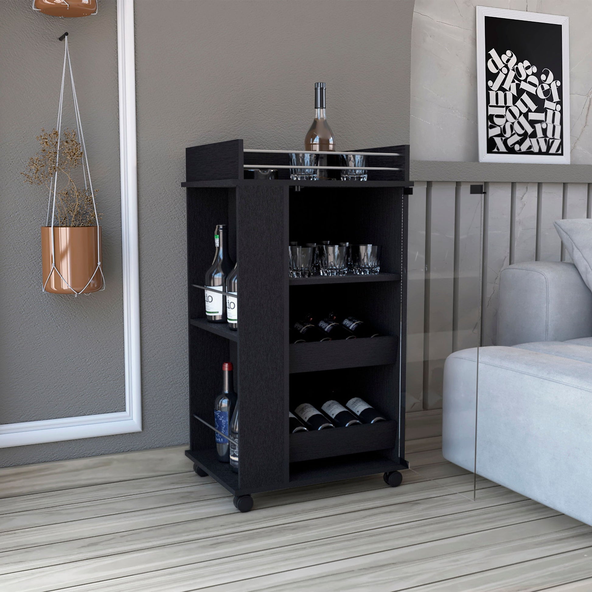 Bar Cart With Glass Door, 2 Side Shelves And Casters - Black - Best Buy Furniture