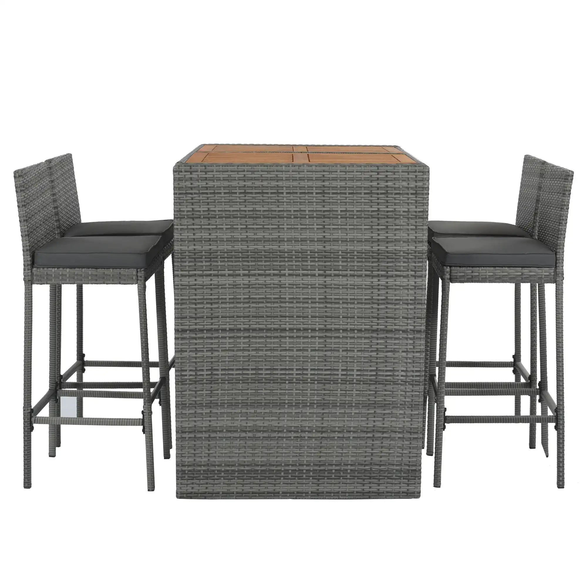 5 Piece Outdoor Wicker Bar Set with Acacia Wood Table, Brown & Gray - Best Buy Furniture
