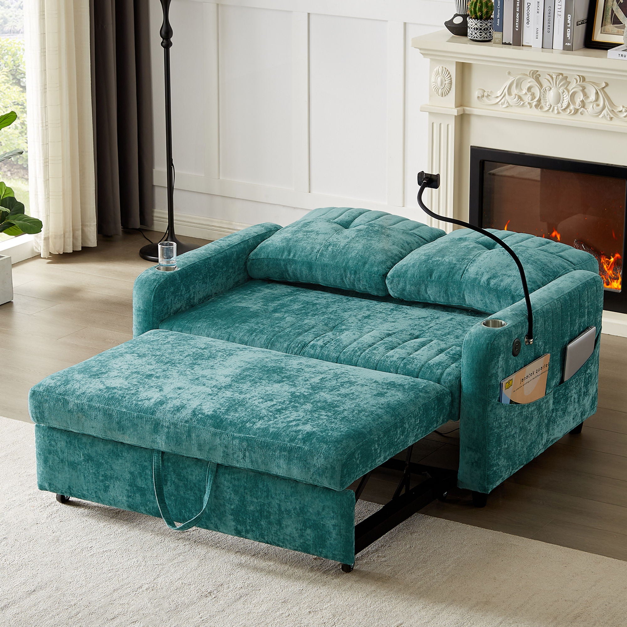 Modern Loveseat Pull Out Sofa Bed With Adjustable Backrest, Two Cup Holders, A Phone Holder, Three Charging Ports And Side Storage Pockets For Living Room - Best Buy Furniture