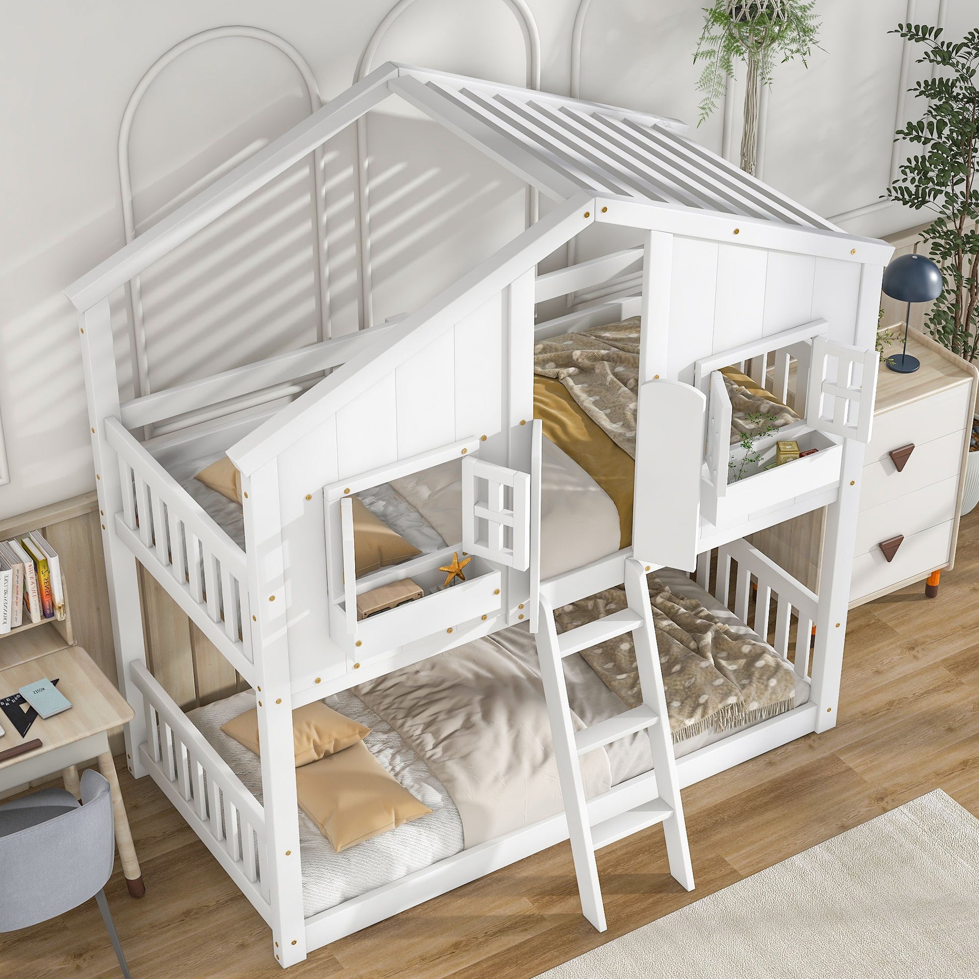 House Bunk Bed With Roof, Window, Window Box, Door, With Safety Guardrails And Ladder - Best Buy Furniture