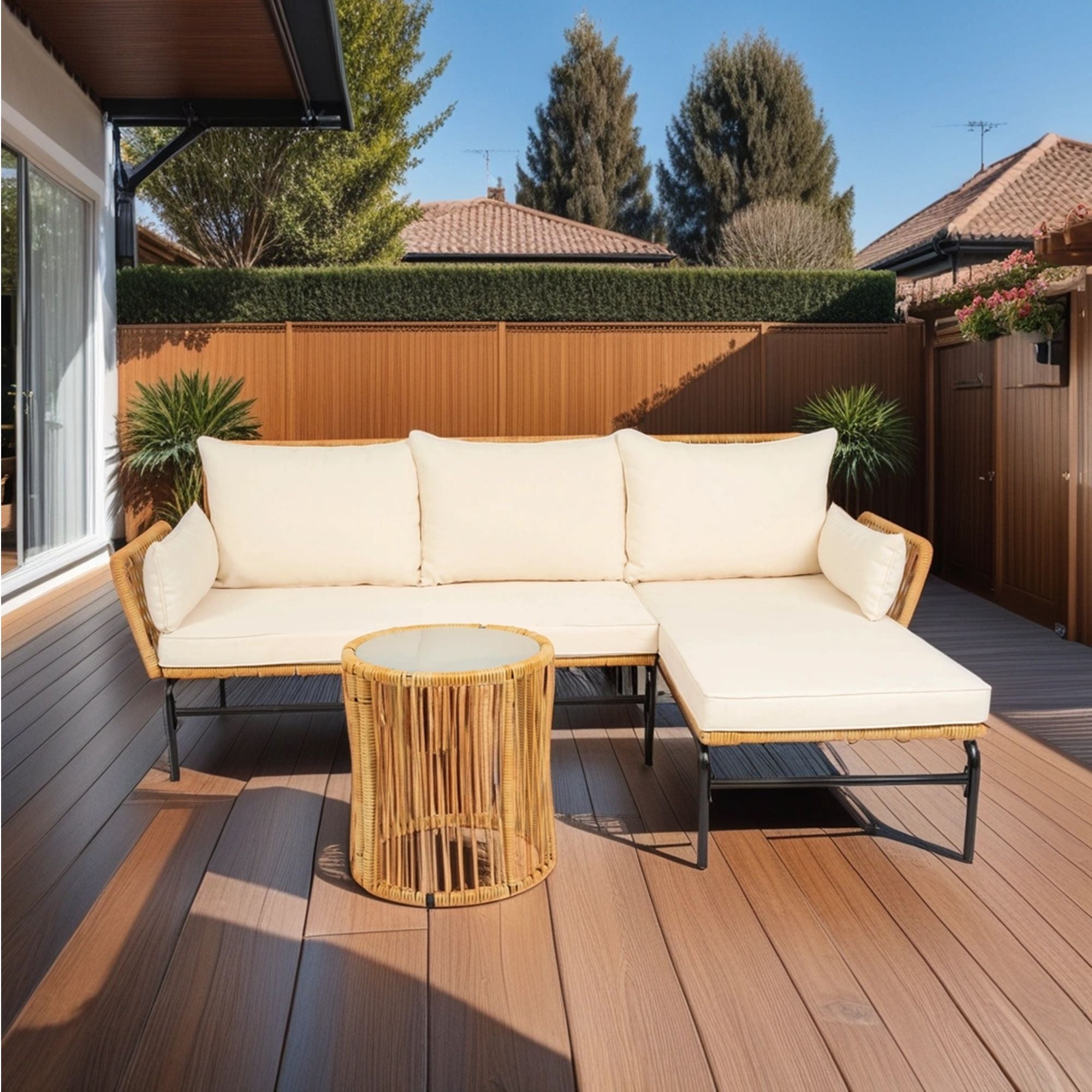 3 Pieces Outdoor Patio Wicker Furniture Sets Table And Chairs With Thick Cushion Outdoor Sofa Set Wicker And Cushion - Natural Yellow / Creme - Best Buy Furniture