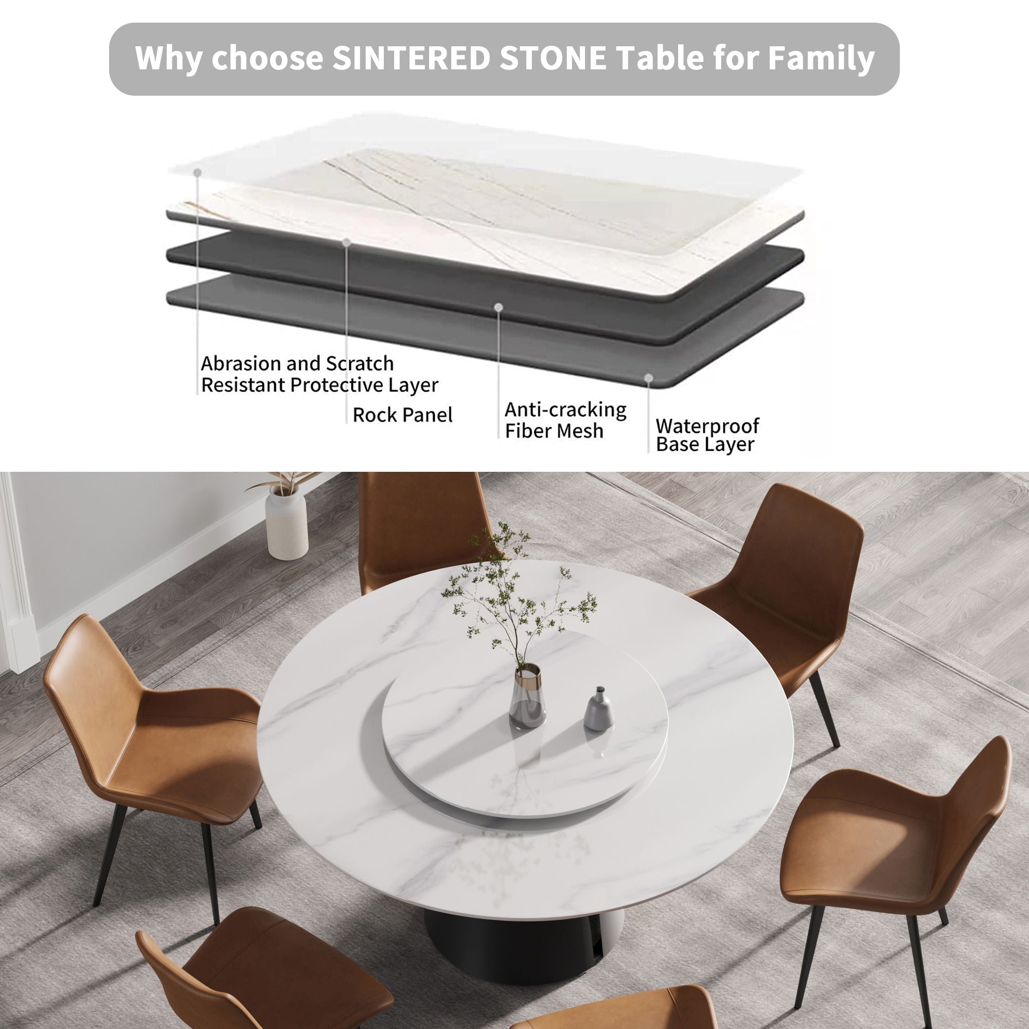 Modern Artificial Stone Round Carbon Steel Base Dining Table, Can Accommodate 6 People, Black Artificial Stone Turntable - Best Buy Furniture