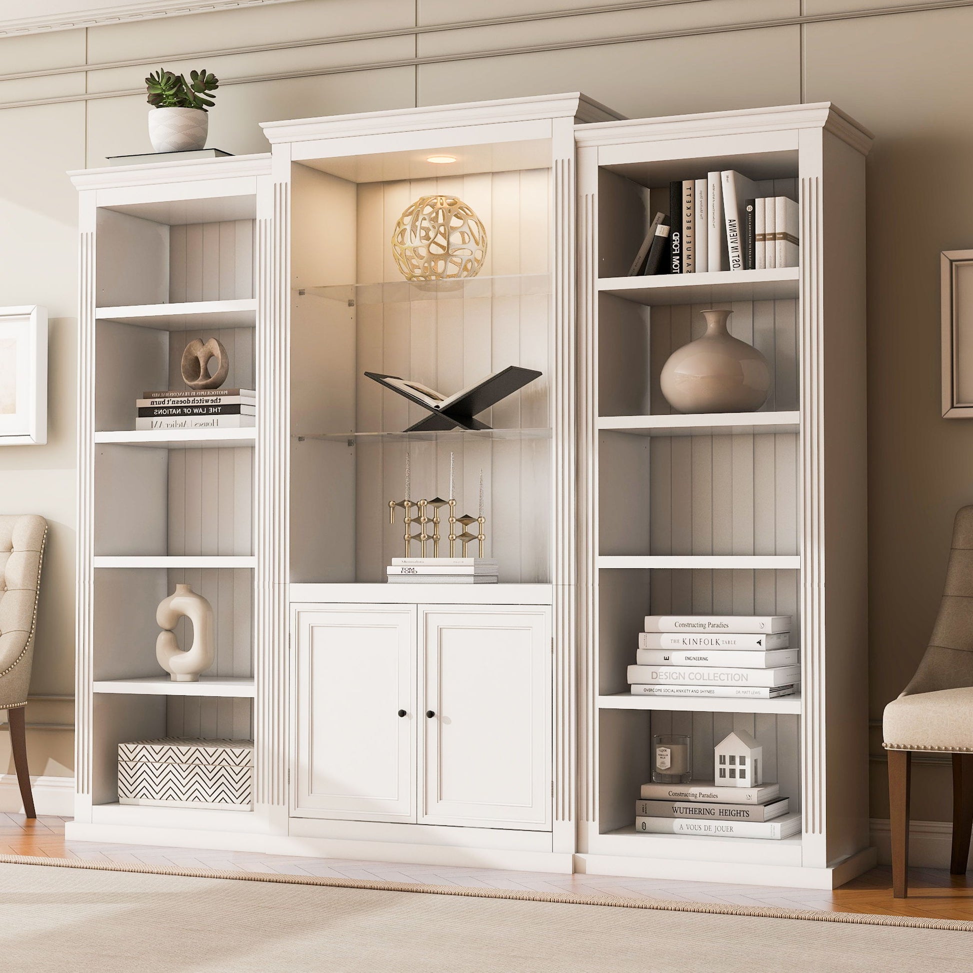 Retro Style 3 Piece Bookcase Display Cabinet With Adjustable LED Lighting, Tempered Glass Shelves - White - Best Buy Furniture