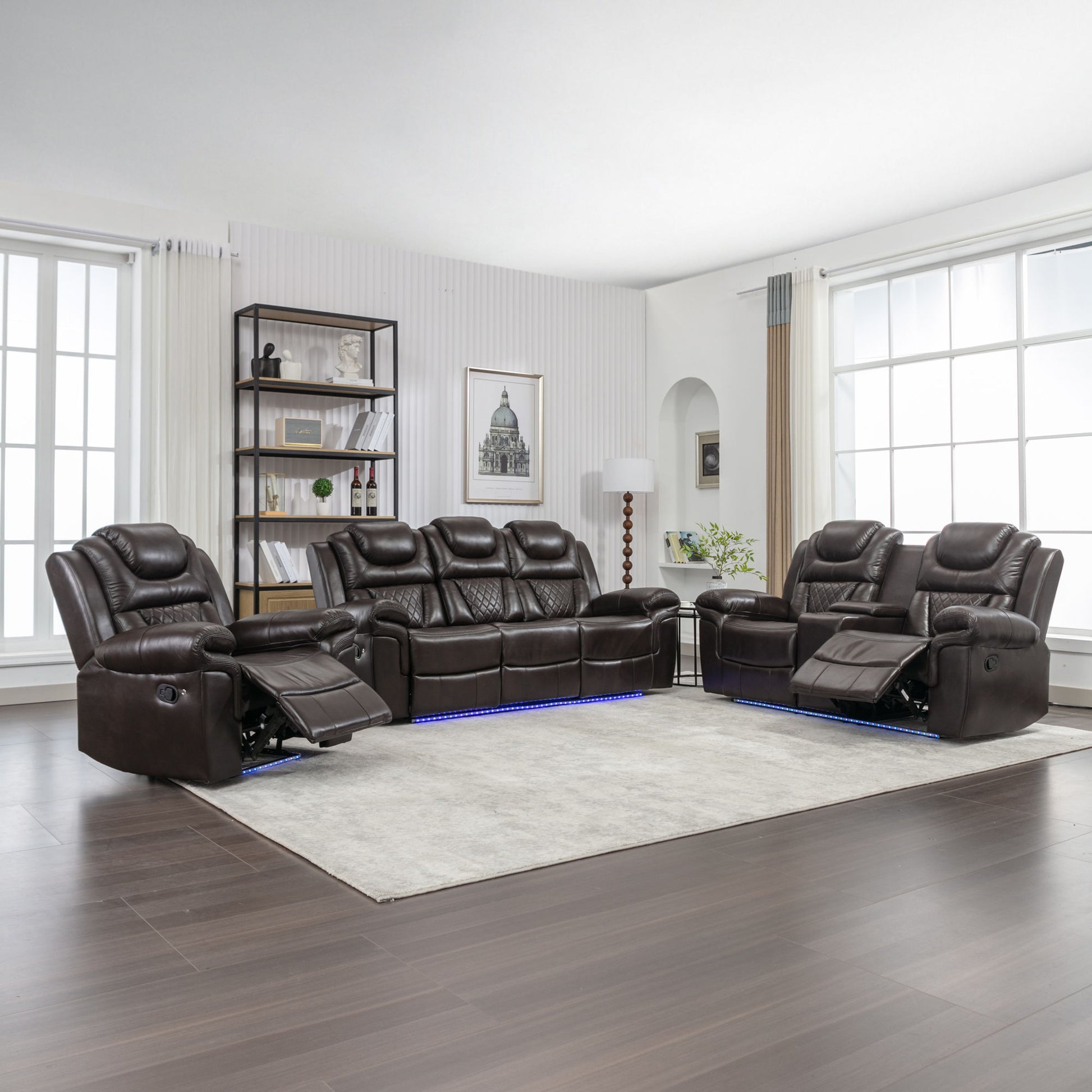 3 Pieces Recliner Sofa Sets Home Theater Seating Manual Recliner Chair With Center Console And LED Light Strip For Living Room - Best Buy Furniture