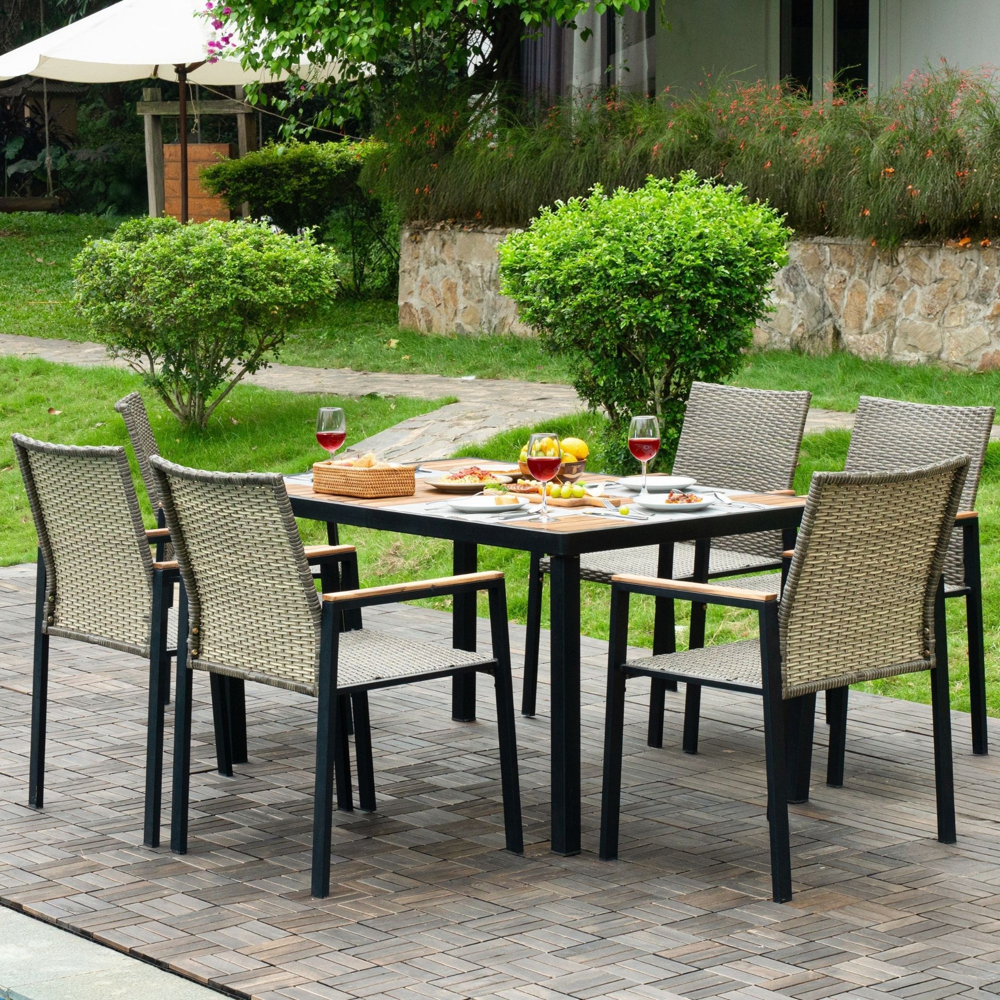 All Weather 7 Piece Patio Dining Table Set With Umbrella Hole - Brown / Gray - Best Buy Furniture