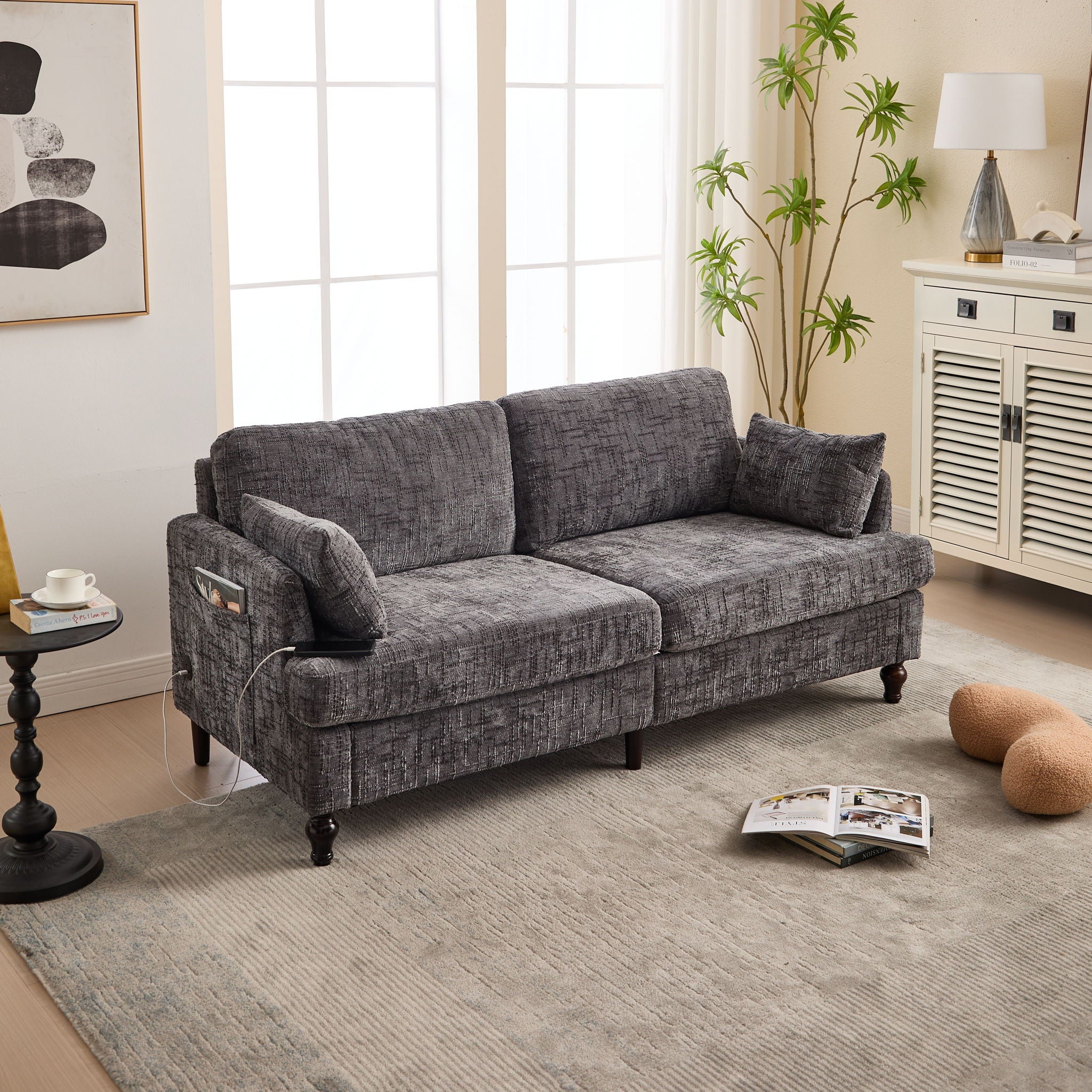 Chenille 2 Seater Sofa With LED Light, USB Charging Port, And Storage Bag - Best Buy Furniture