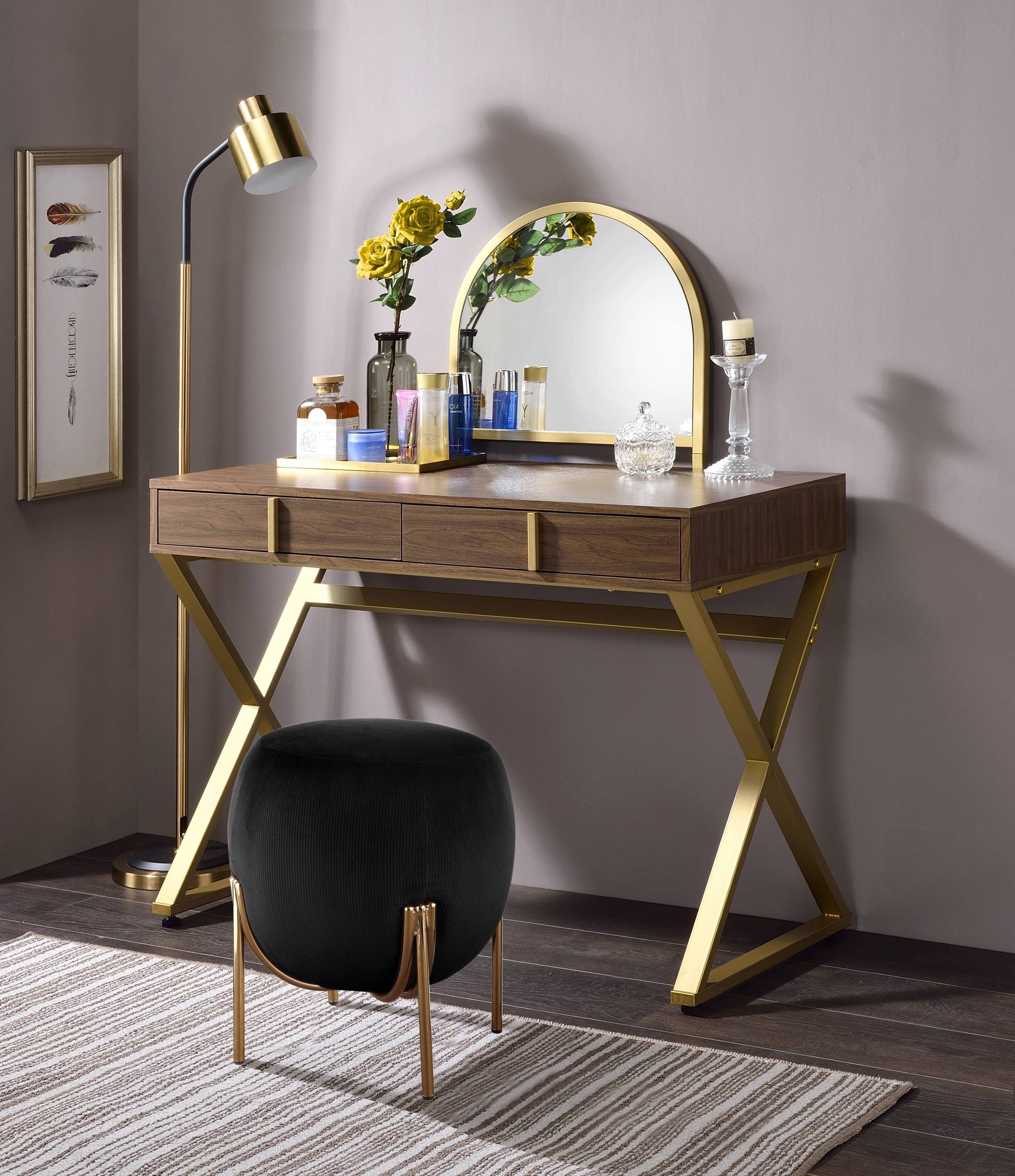 Coleen Walnut & Gold Finish Vanity Desk W/Mirror & Jewelry Tray - Best Buy Furniture