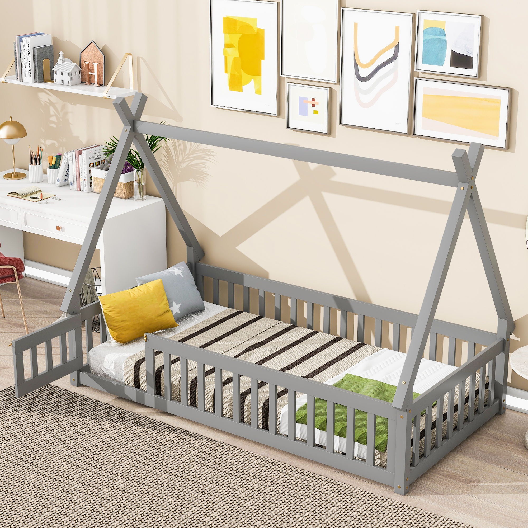 Tent-Shaped Floor Bed, With Guardrails, Slats, Door - Best Buy Furniture