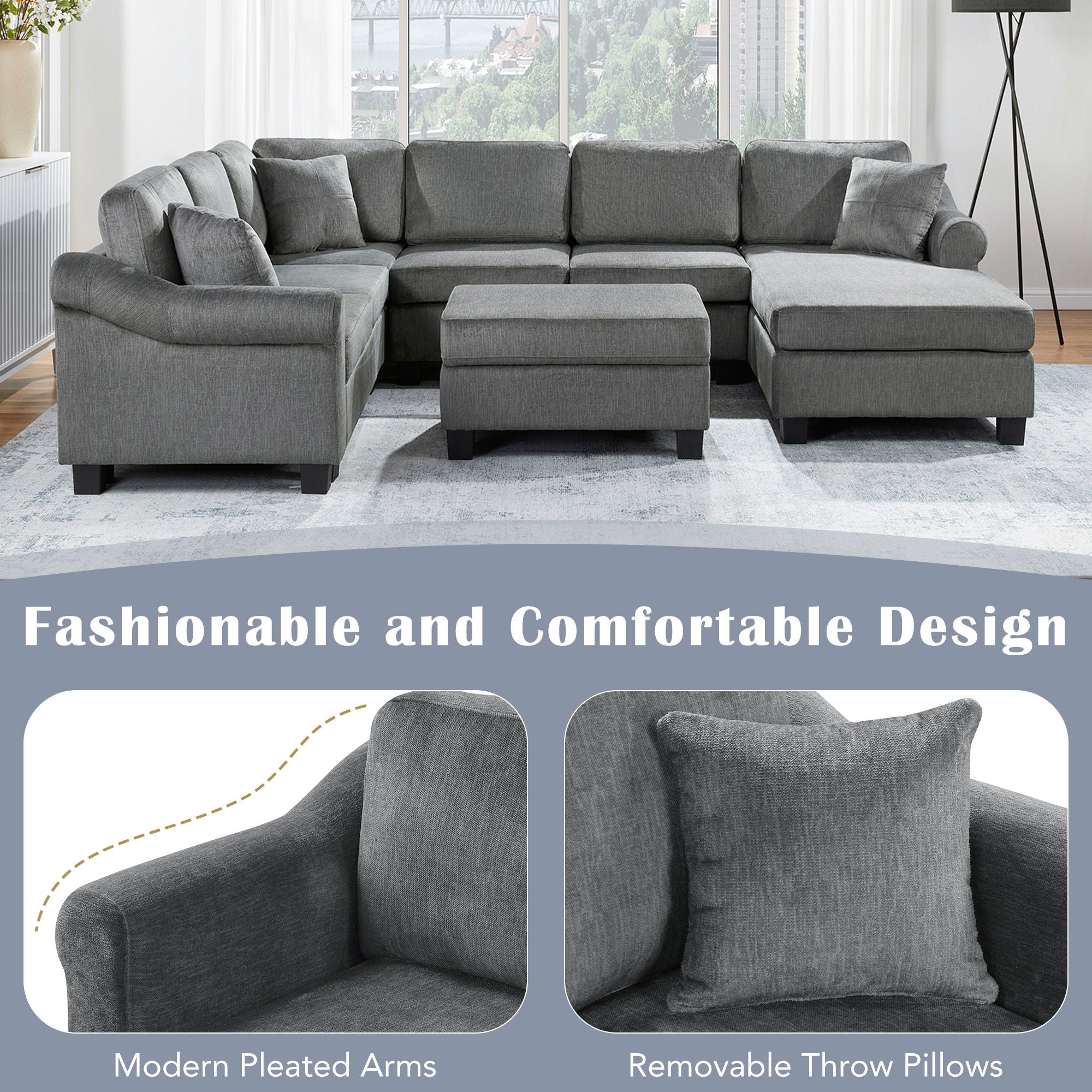 Contemporary U - Shaped Sectional Sofa With Movable Storage Ottoman - Best Buy Furniture