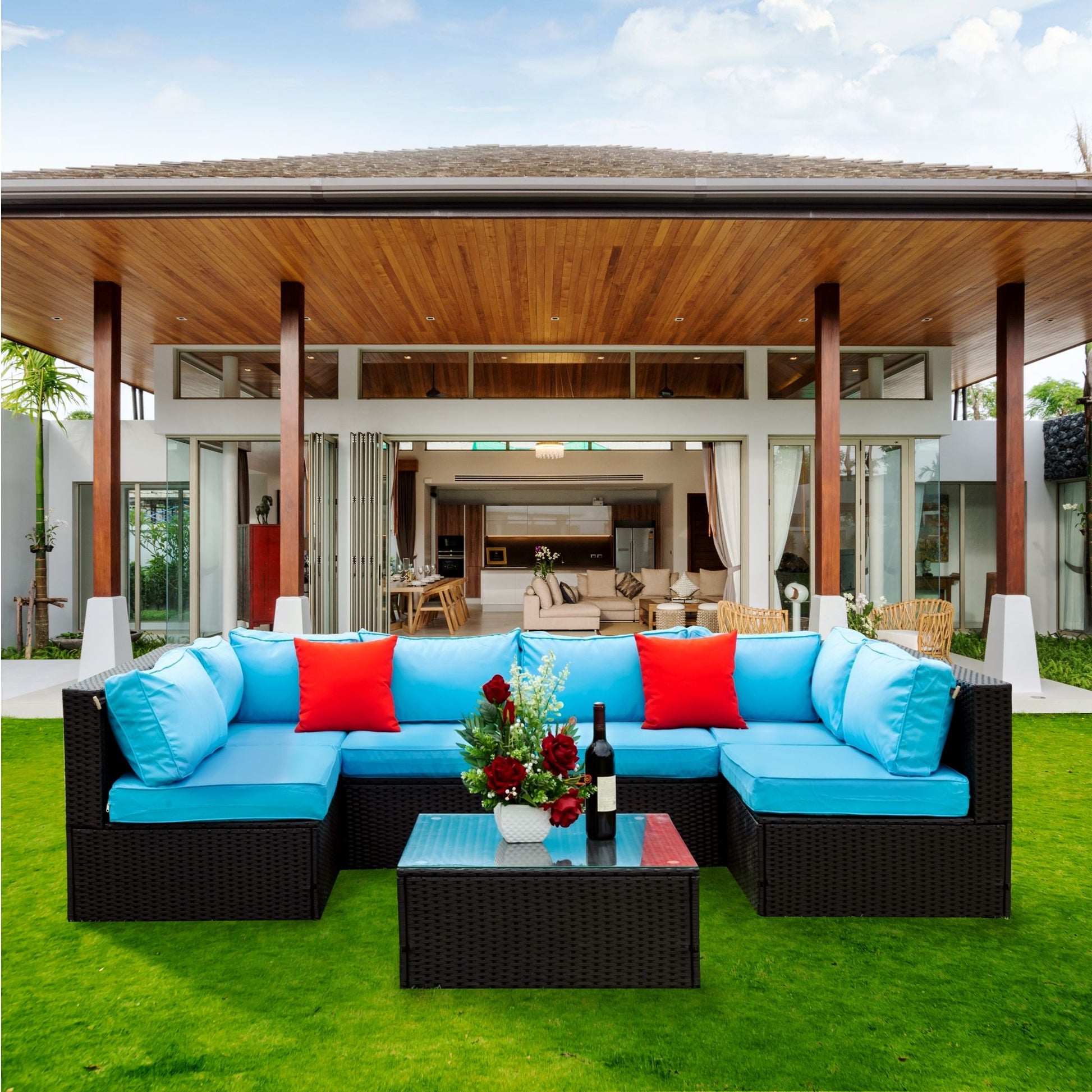 5 Pieces Rattan Sectional Outdoor Furniture Cushioned U Sof Set With 2 Pillow - Black / Blue - Best Buy Furniture