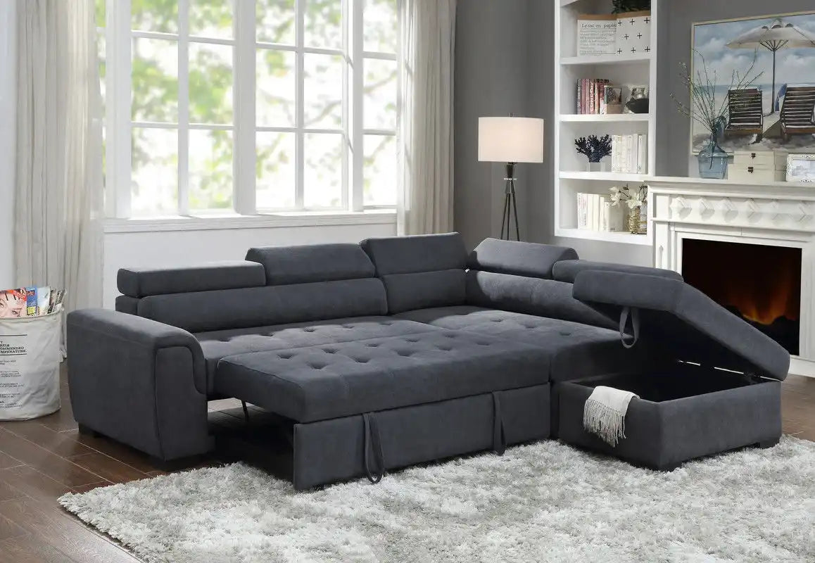 Haris - Fabric Sleeper Sofa Sectional With Adjustable Headrest And Storage Ottoman - Dark Gray - Best Buy Furniture