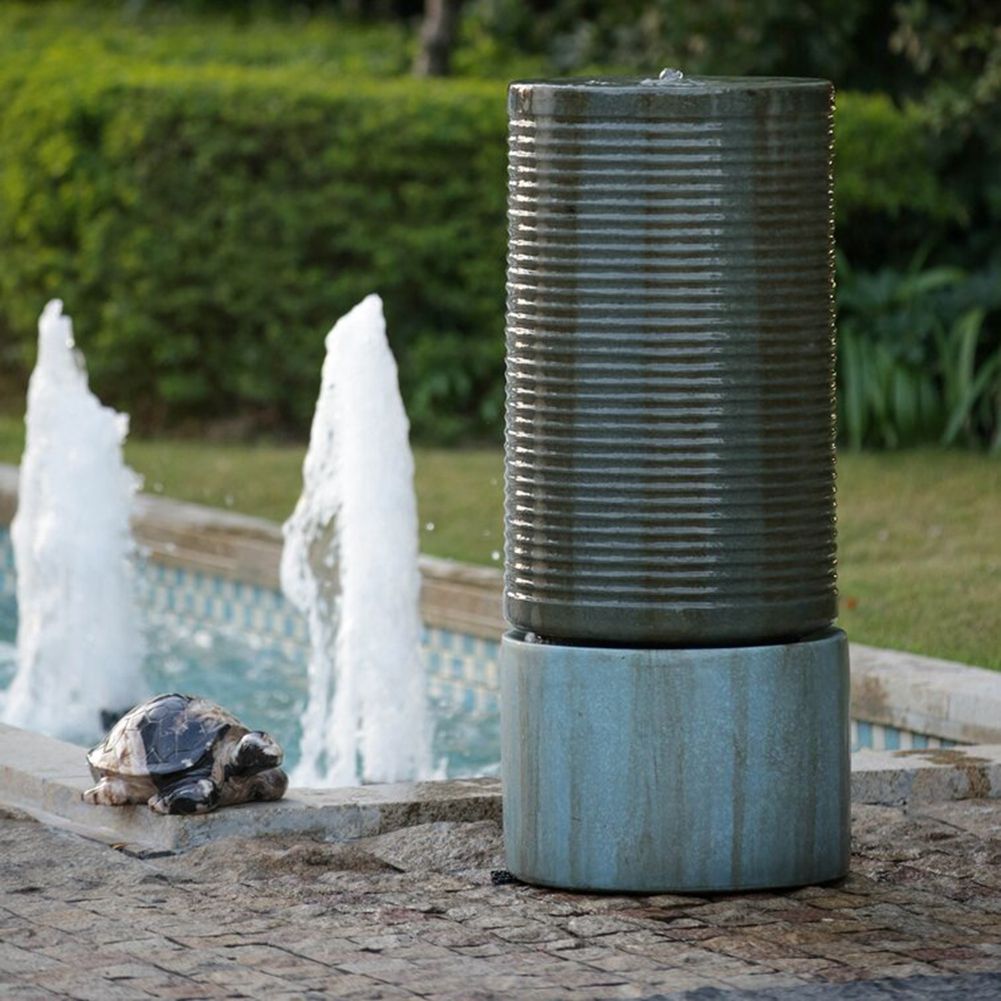 Large Modern Cylinder Ribbed Tower Water Fountain, Contemporary Outdoor Bird Bath - Best Buy Furniture