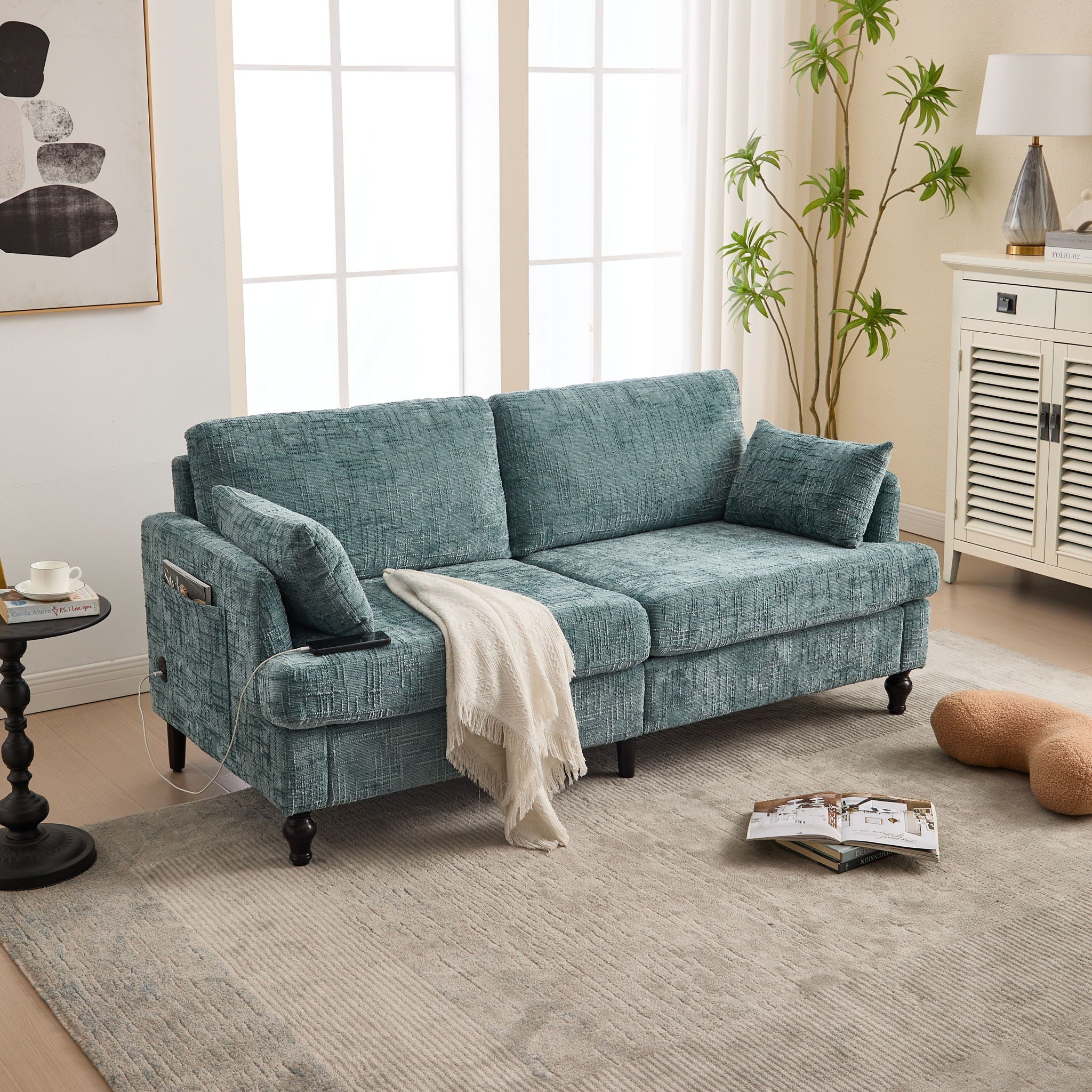 Chenille 2 Seater Sofa With LED Light, USB Charging Port, And Storage Bag - Best Buy Furniture