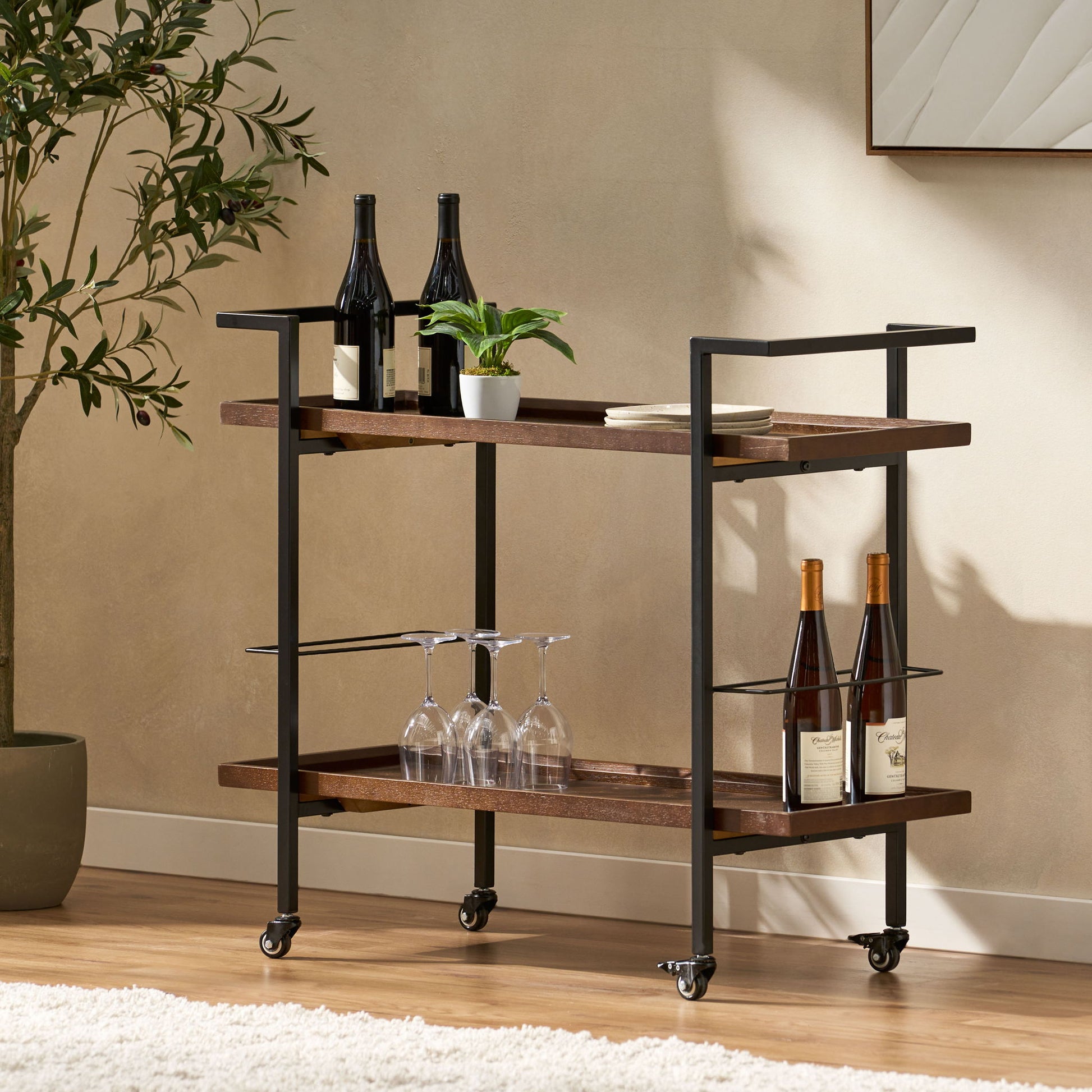 Modern Industrial Bar Cart With Shelving And Casters - Best Buy Furniture