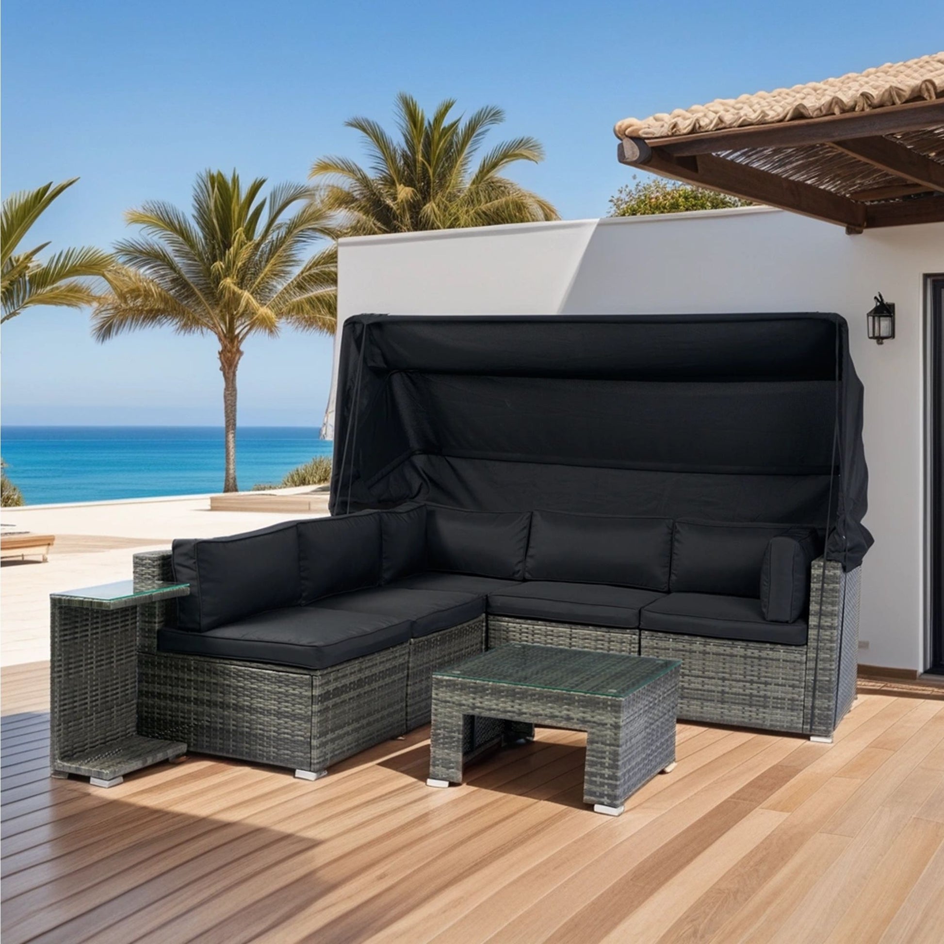 7 Piece Patio Furniture Set With Retractable Canopy Wicker Rattan Sectional Sofa Set Patio Furniture With Washable Cushions For Lawn, Garden, Backyard, Poolside Wicker And Cushion - Gray / Black - Best Buy Furniture