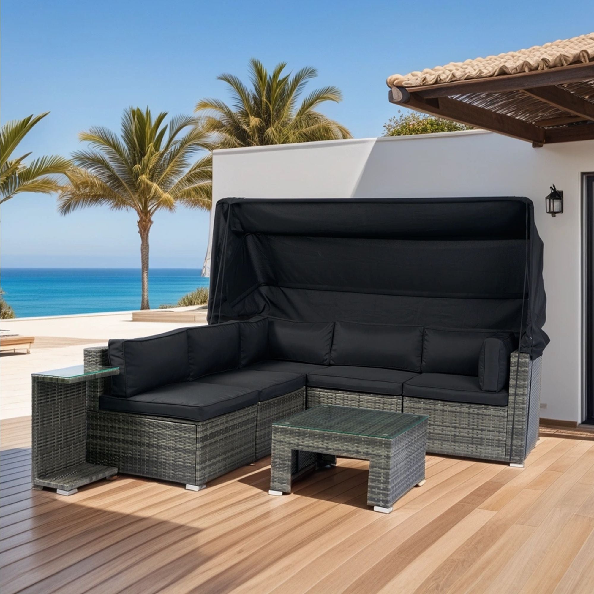 7 Piece Patio Furniture Set With Retractable Canopy Wicker Rattan Sectional Sofa Set Patio Furniture With Washable Cushions For Lawn, Garden, Backyard, Poolside Wicker And Cushion - Gray / Black - Best Buy Furniture