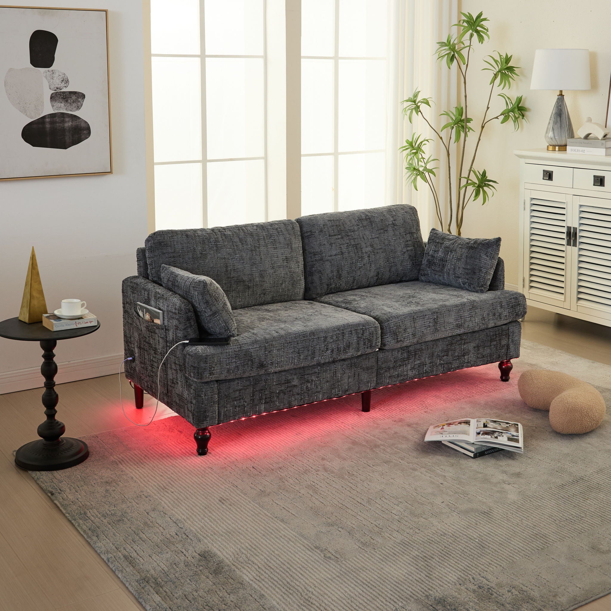 Chenille 2 Seater Sofa With LED Light, USB Charging Port, And Storage Bag - Best Buy Furniture