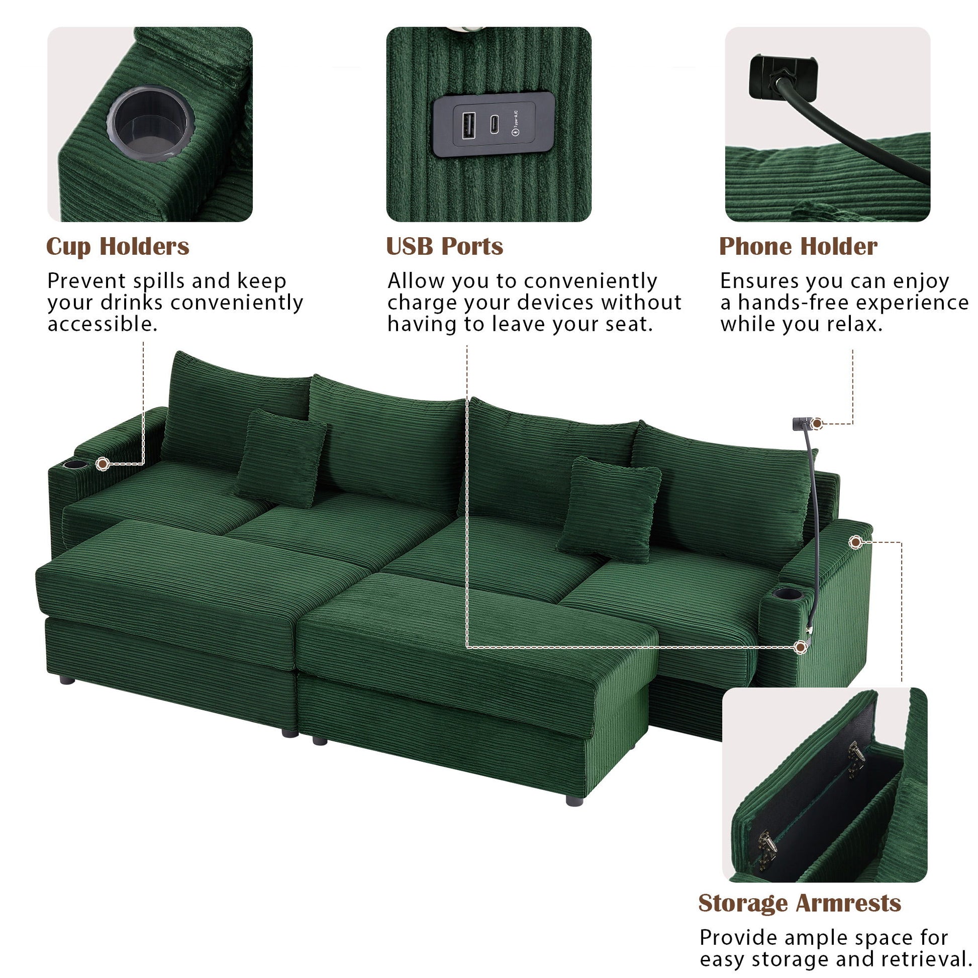 Modern Style Loveseat Sofa Sectional Sofa Couch With Storage Space, A Movable Ottoman, Two USB Ports, Two Cup Holders, A Phone Holder For Living Room - Best Buy Furniture