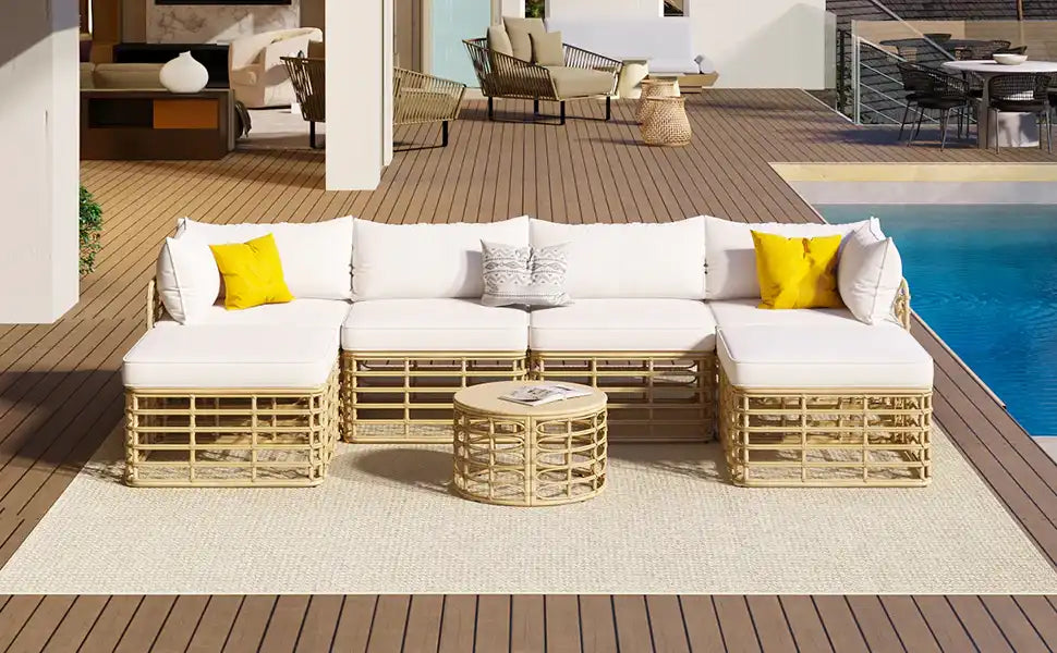 7 Piece Rattan Sectional Sofa Set, Outdoor Patio Furniture, Beige - Best Buy Furniture